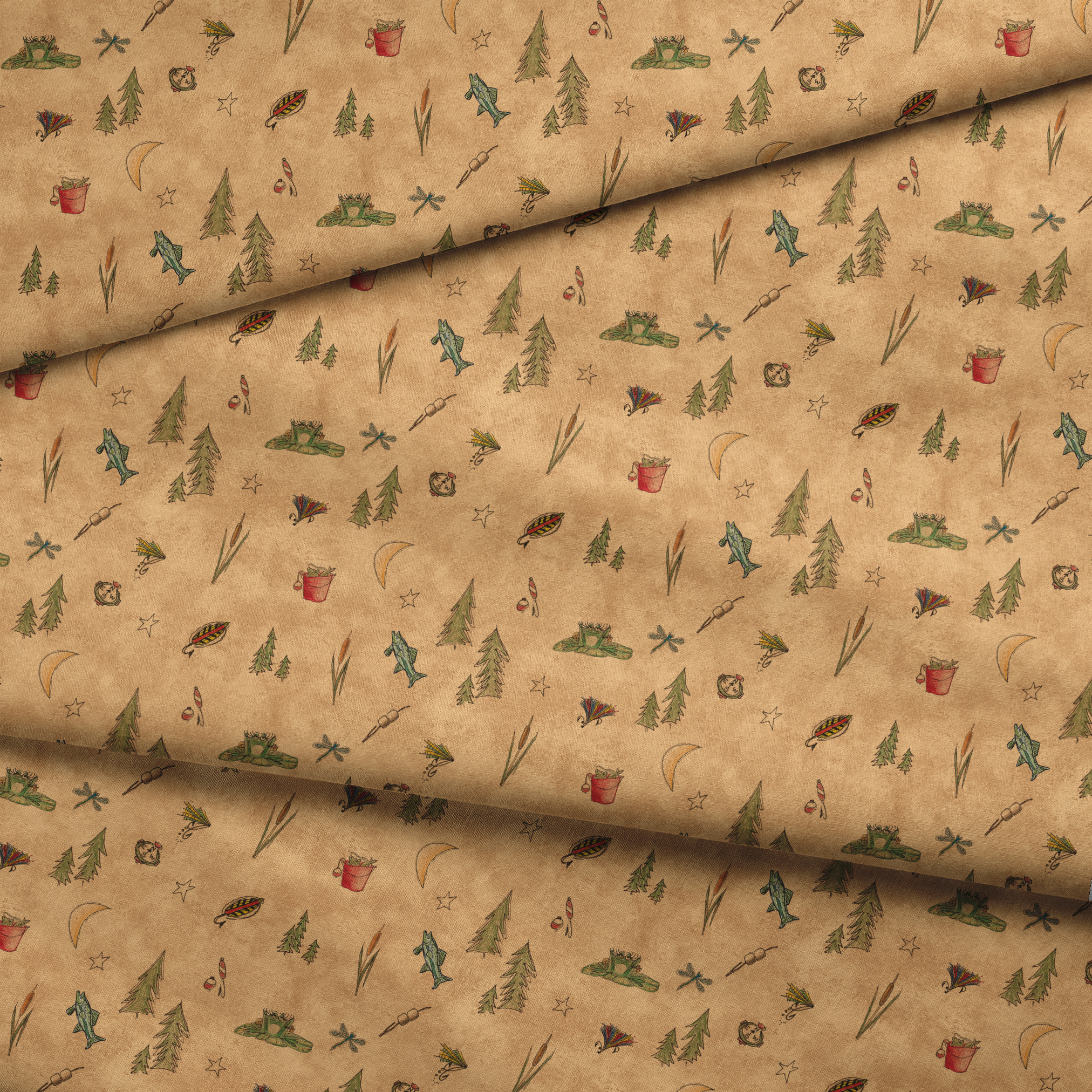 Outdoor camping pattern with tents, trees, lanterns, and nature elements on beige background fabric fold mockup