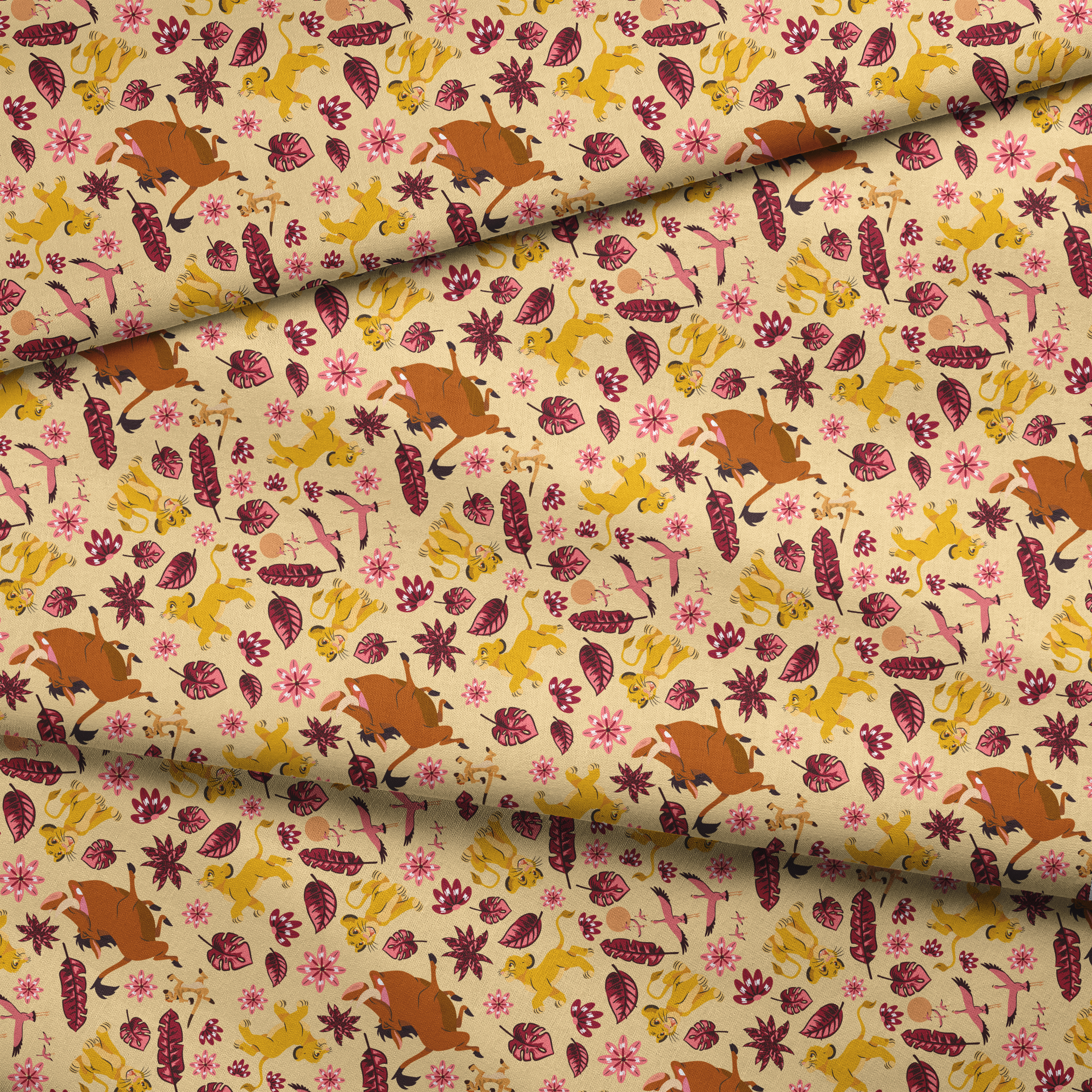 Decorative pattern with lions, gazelles, and boars in yellows and browns among maroon leaves and pink flowers fabric fold mockup