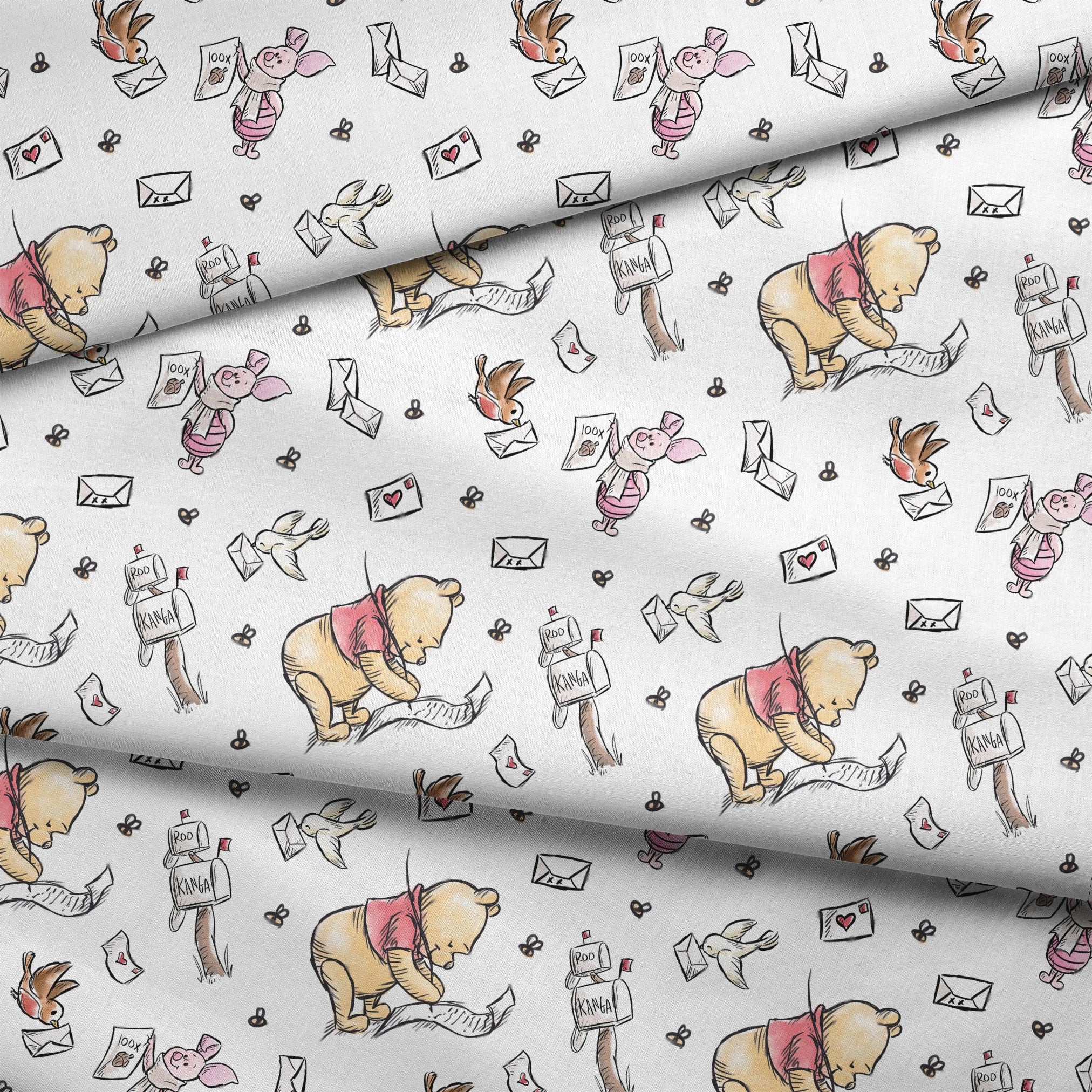 Winnie the Pooh characters with flying letters and envelopes on white background, whimsical illustration style fabric fold mockup