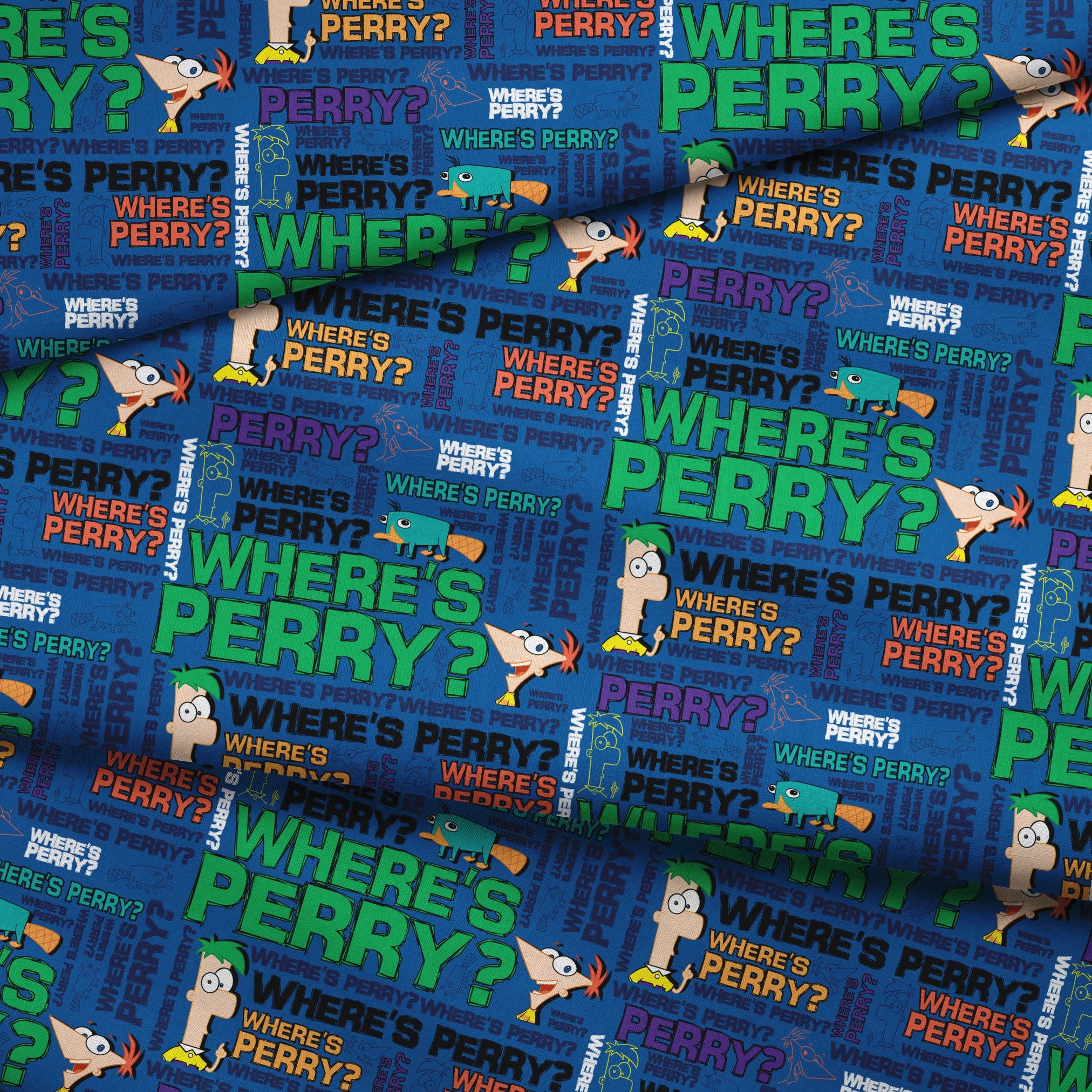 Phineas & Ferb pattern with "WHERE'S PERRY?" text repeated in various colors on blue background fabric fold mockup
