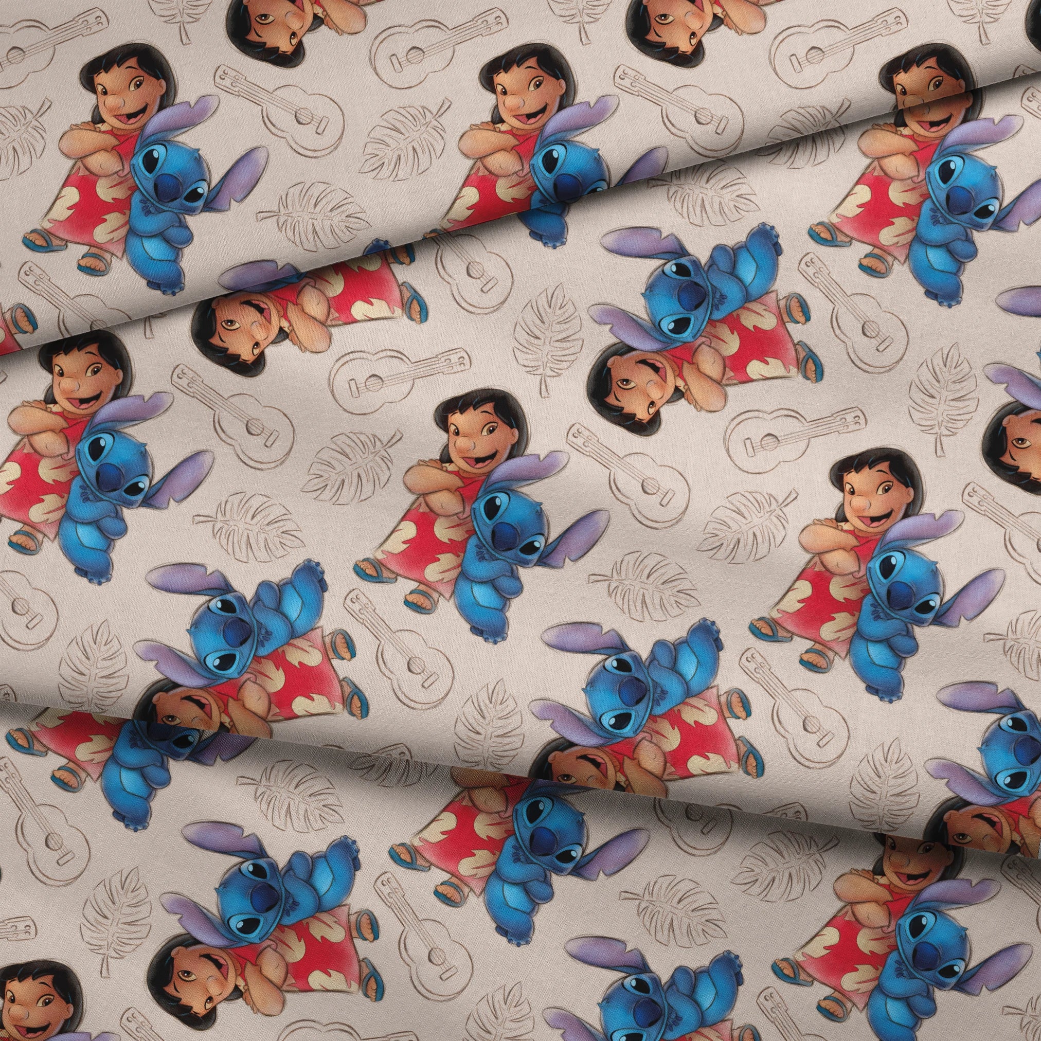 Lilo and Stitch fabric with leaf and guitar pattern background fabric fold mockup