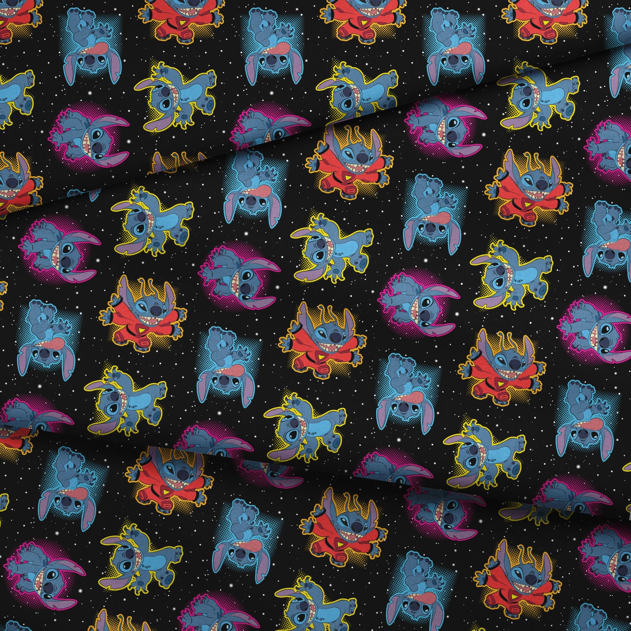 Colorful Stitch with pink accents on black starry background pattern fabric fold mockup