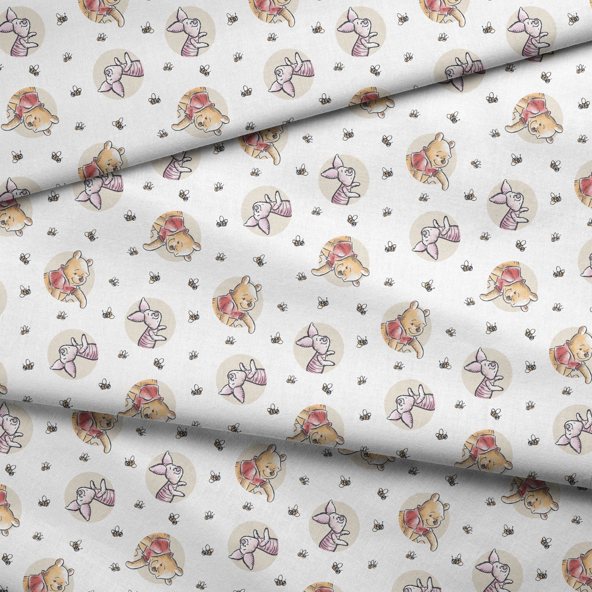 Cute cartoon Winnie the Pooh and Piglet pattern with circular vignettes and buzzing bees fabric fold mockup
