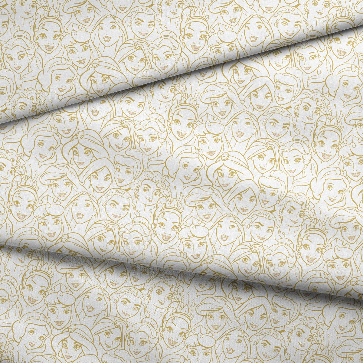 Golden line art of Disney princesses in an overlapping collage pattern with expressive facial features. fabric fold mockup