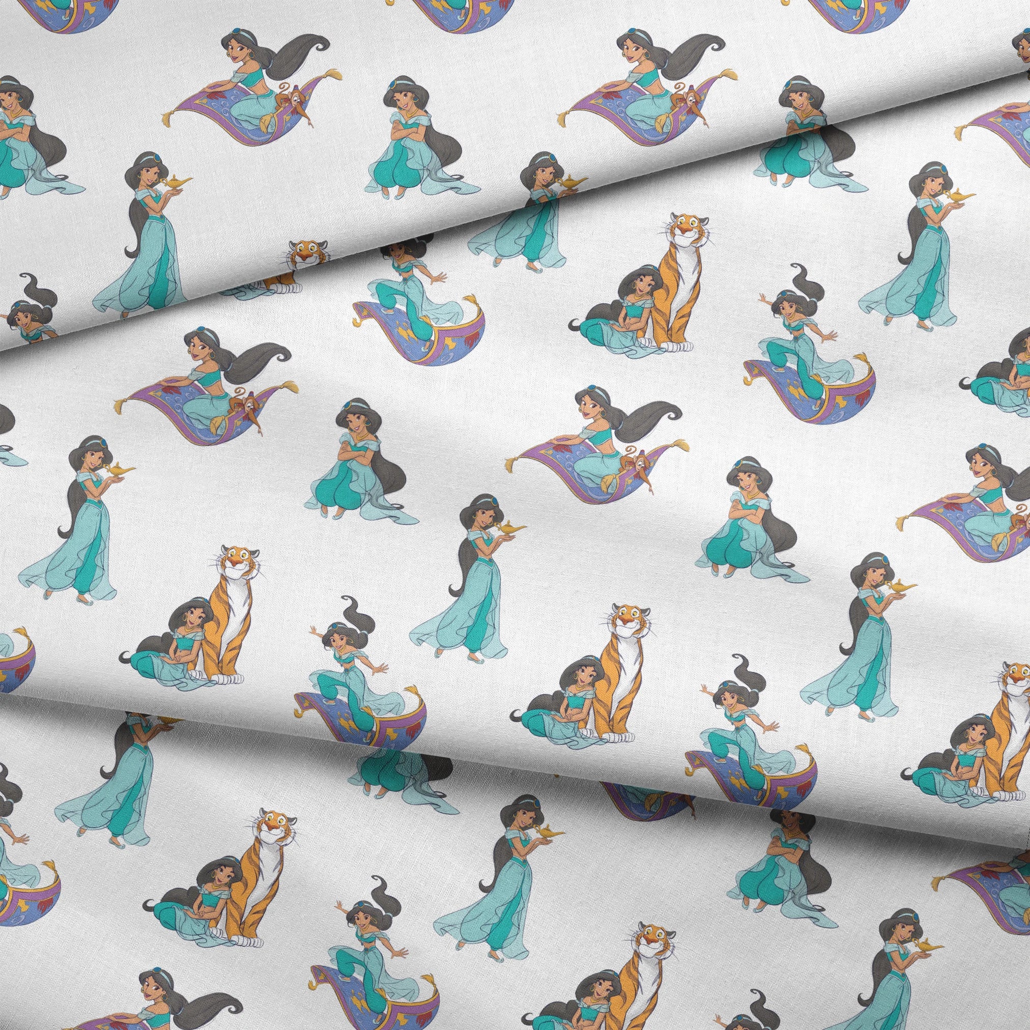 Cartoon pattern featuring a princess in teal outfit with long black hair in various poses with a magic carpet and tiger fabric fold mockup
