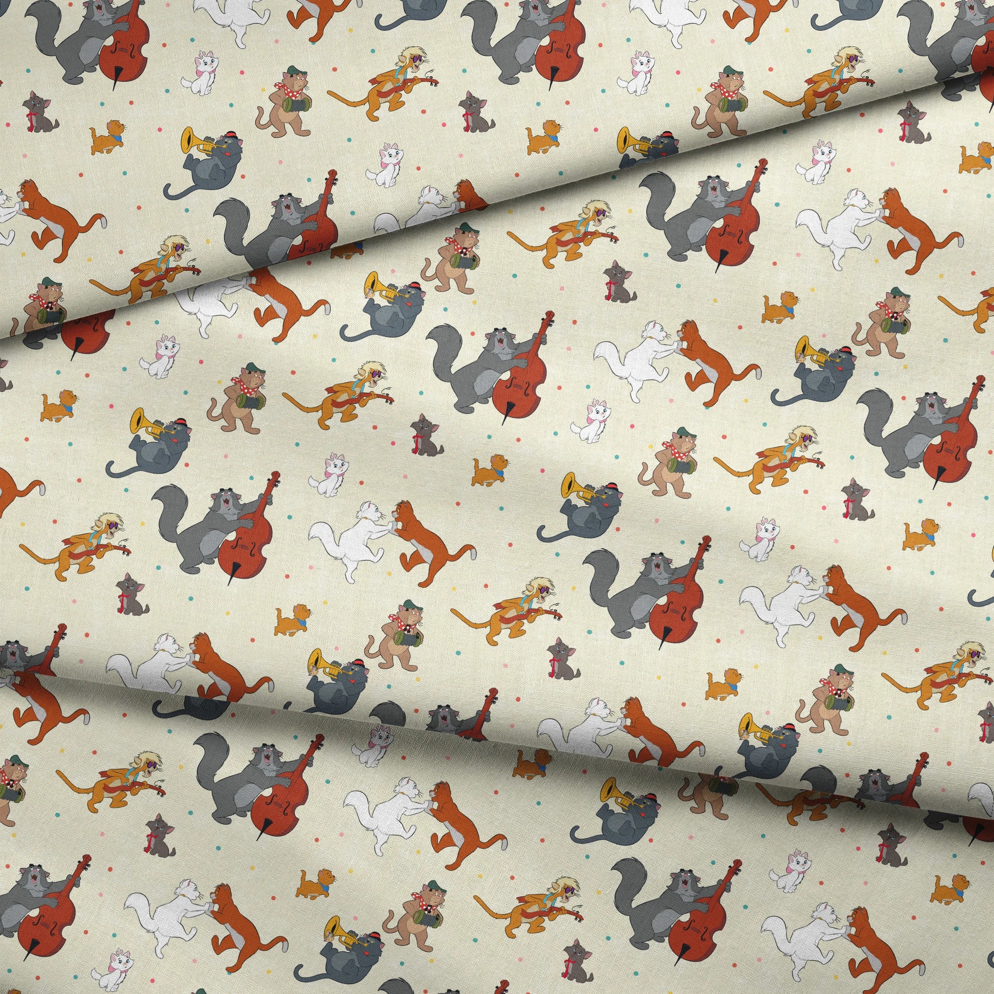 Musical cats and dogs pattern with animals playing instruments on cream background fabric fold mockup