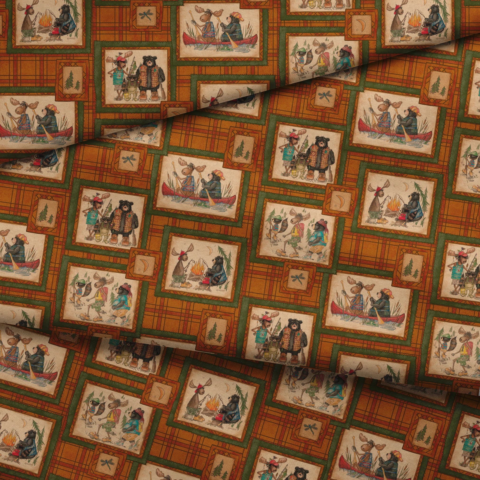 Vintage-style patchwork pattern with framed scenes of people and animals on orange plaid background fabric fold mockup