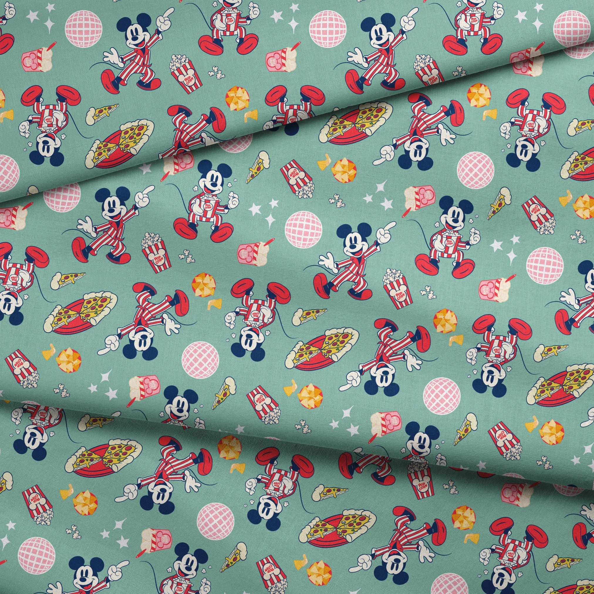 Mickey Mouse in red striped outfits with disco balls, pizza, popcorn, and snacks on mint green background. fabric fold mockup