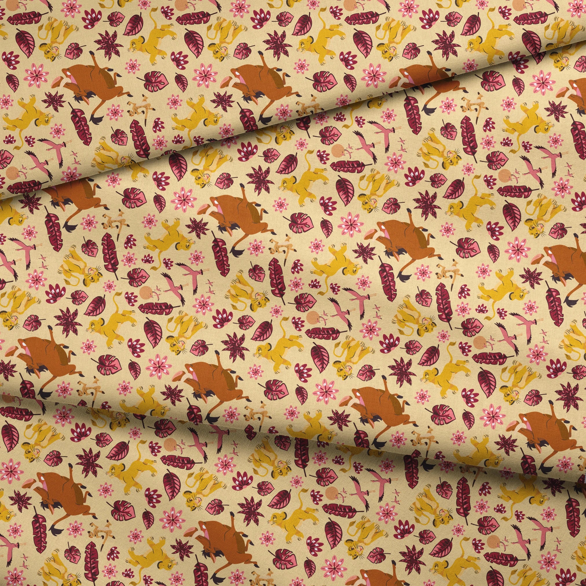 Decorative pattern with lions, gazelles, and boars in yellows and browns among maroon leaves and pink flowers fabric fold mockup