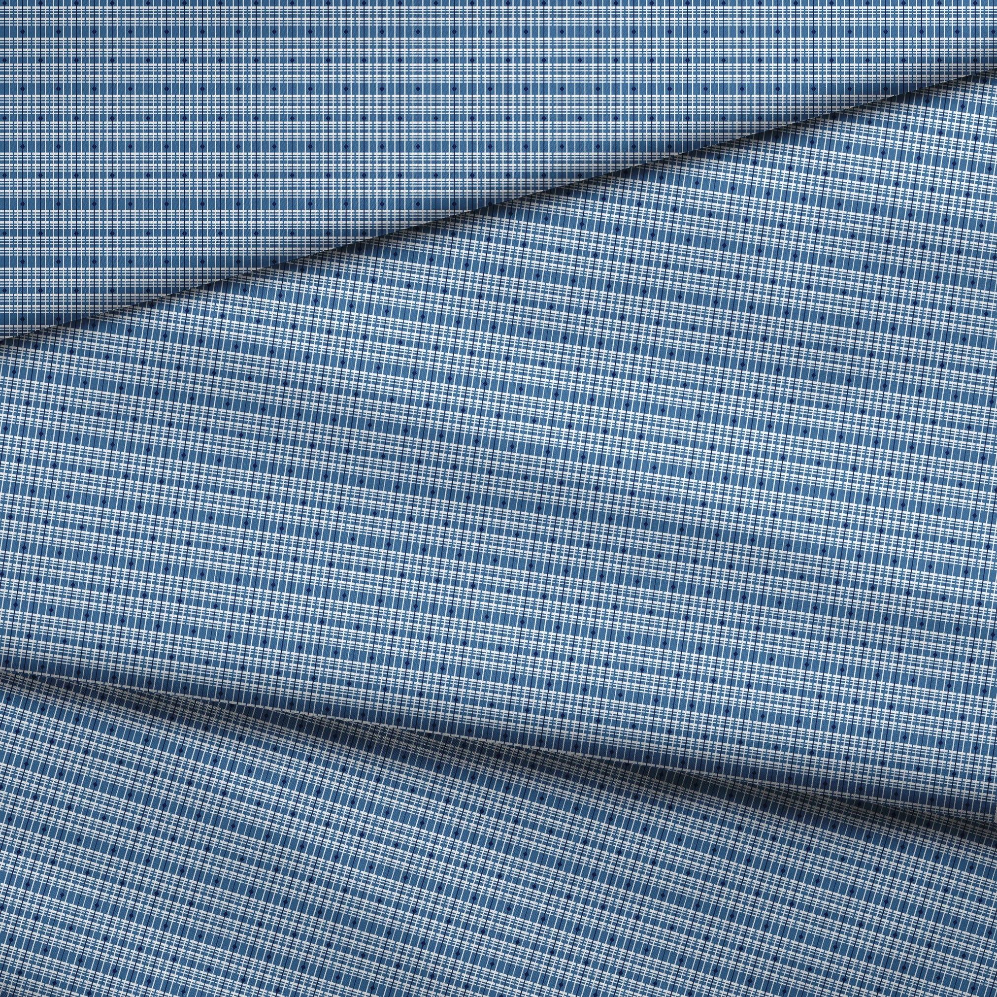 Blue and white plaid pattern with thin grid lines in various shades of blue on light background fabric fold mockup