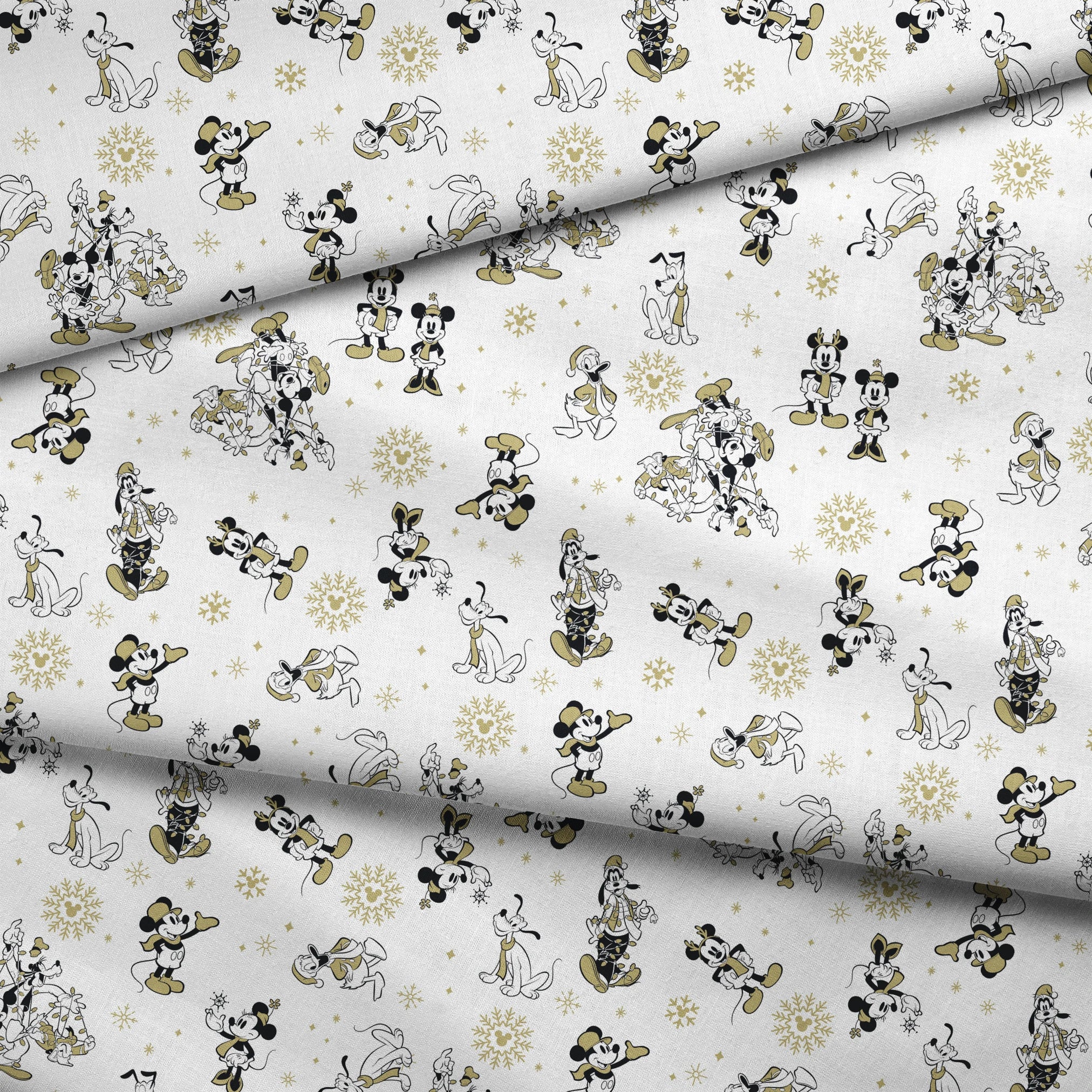 Vintage Disney characters pattern with Mickey, Minnie and Pluto on white background with gold snowflakes fabric fold mockup