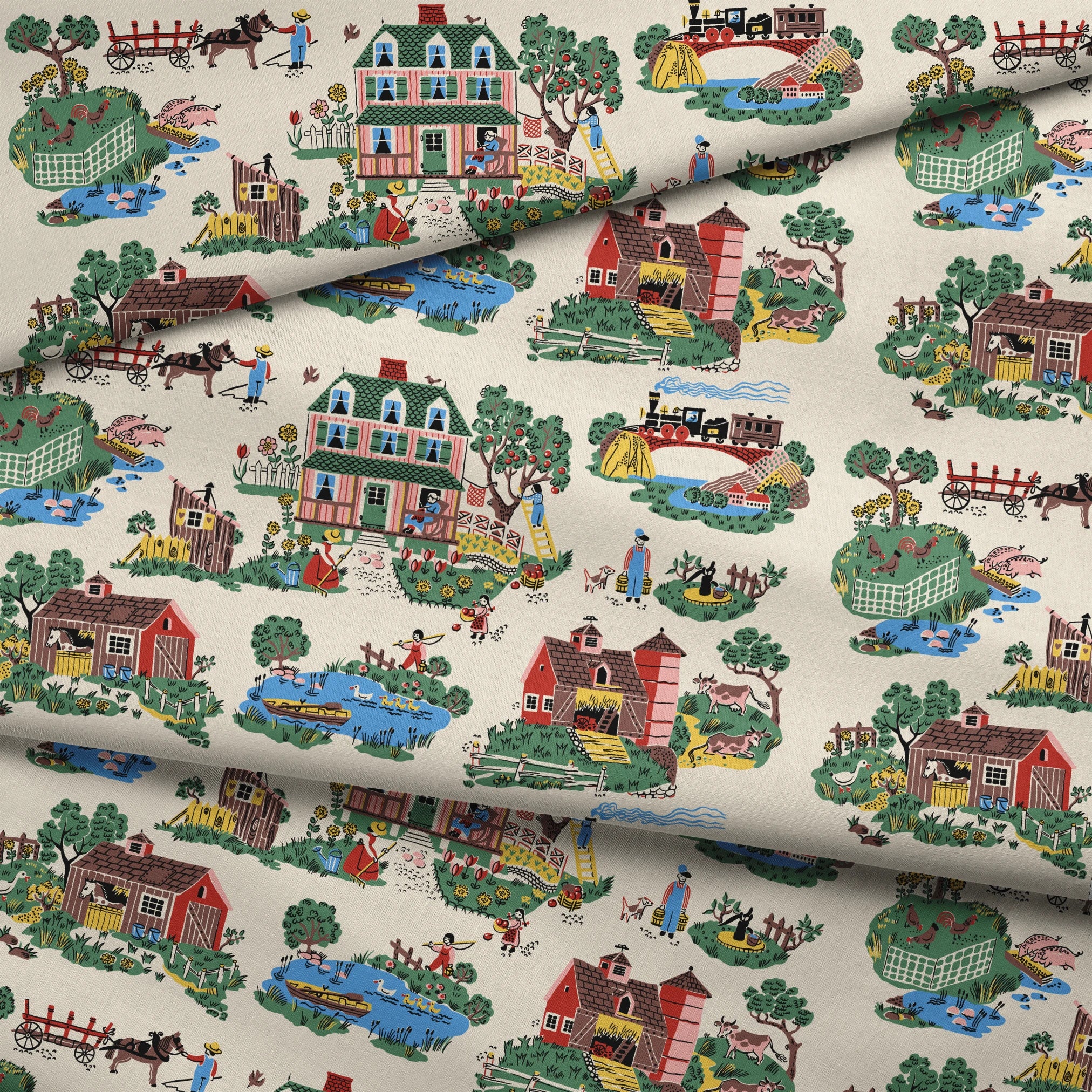 Colorful folk art illustration of country scenes with pink farmhouse, barns, and rural activities fabric fold mockup
