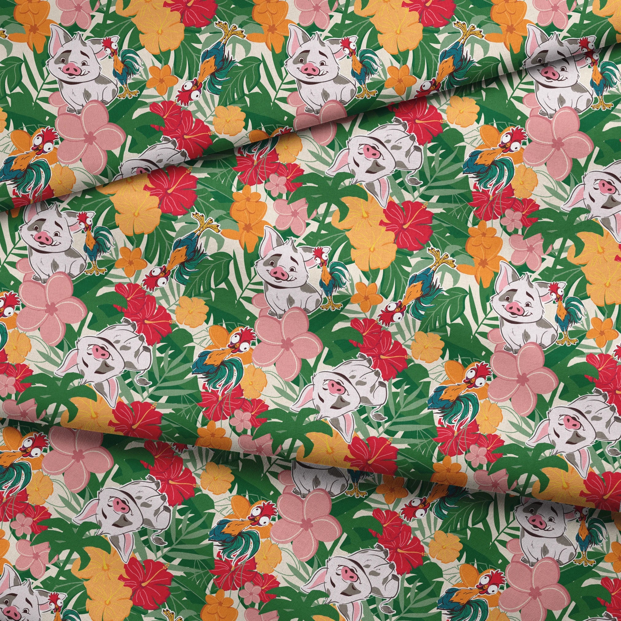 Cartoon pigs peeking through vibrant tropical flowers in red, orange, yellow, and pink among green foliage fabric fold mockup