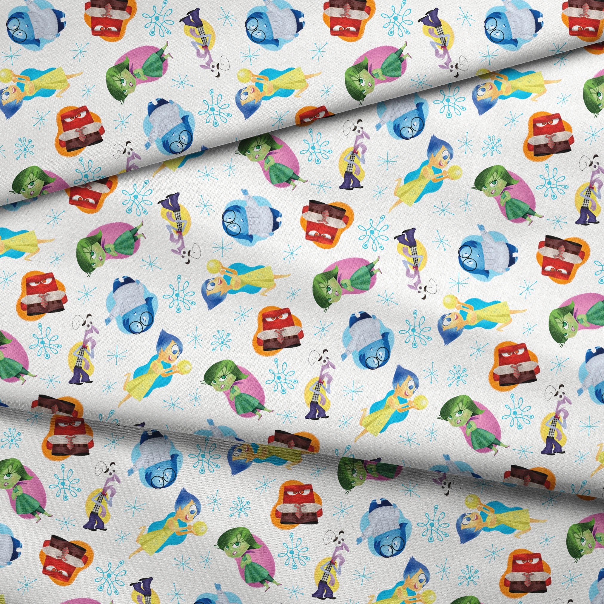 Colorful pattern of cartoon Inside Out characters with snowflake accents on white background fabric fold mockup