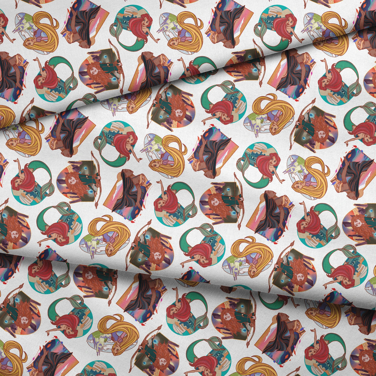 Colorful illustrated pattern of Disney princesses with curved decorative elements on white background fabric fold mockup