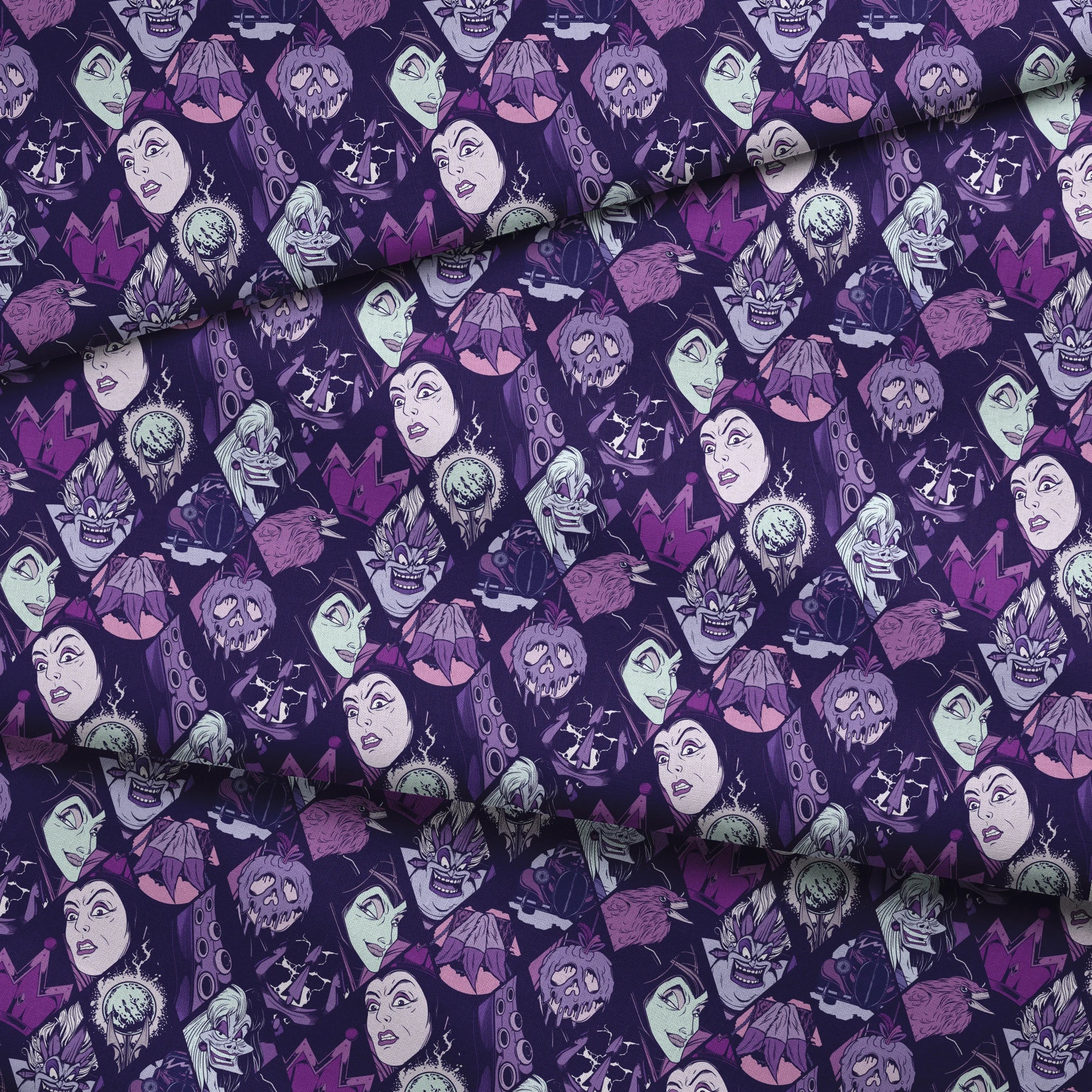 Stylized Disney villains in purple tones featuring evil queens, monsters, and creatures with sinister expressions. fabric fold mockup