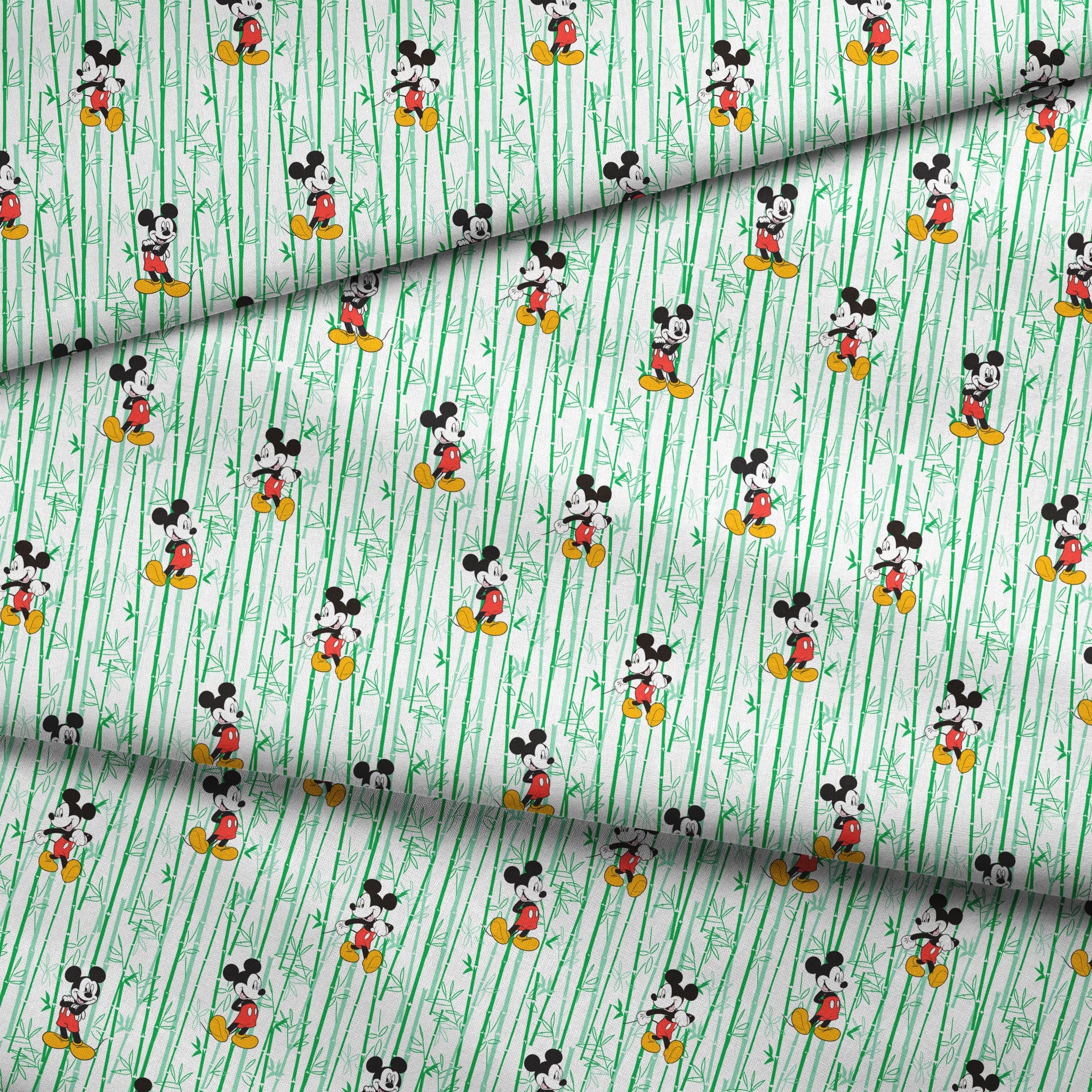 Cartoon mouse character pattern on white background with green vertical stripes fabric fold mockup