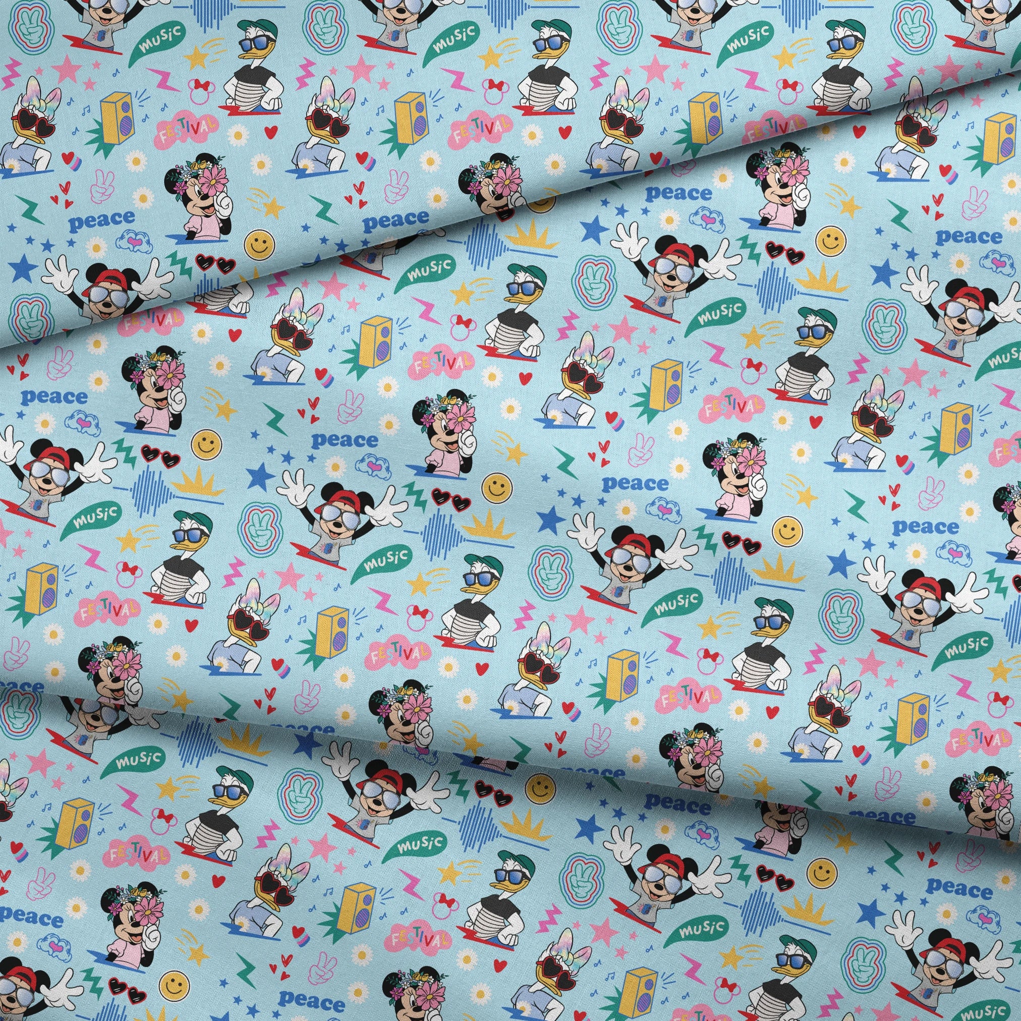 Colorful cartoon pattern with Disney characters, peace signs, stars, and music motifs on light blue background. fabric fold mockup