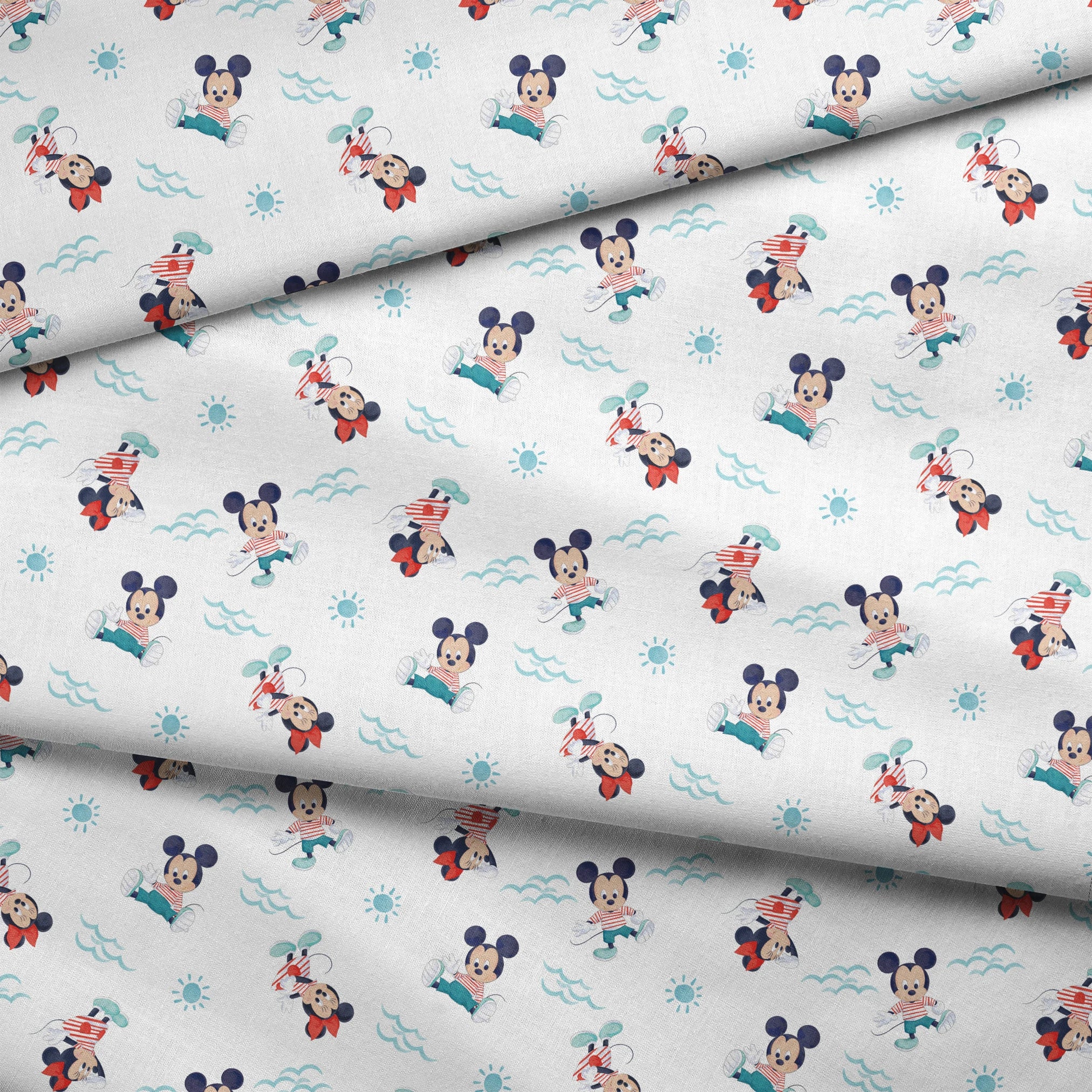 Mickey Mouse pattern with characters in various poses, blue waves and suns on white background, nautical theme fabric fold mockup