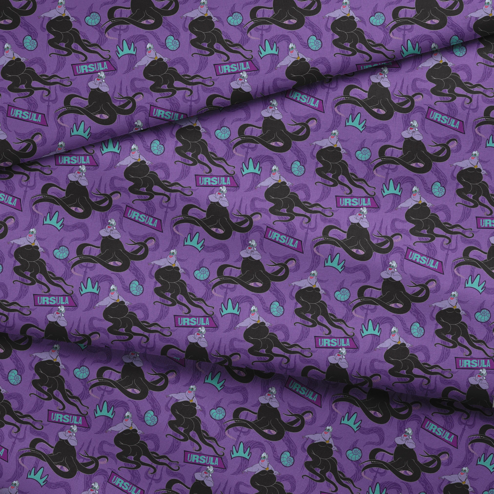 Purple background with Ursula silhouettes, tentacles, turquoise crowns, and name plates in repeating pattern fabric fold mockup