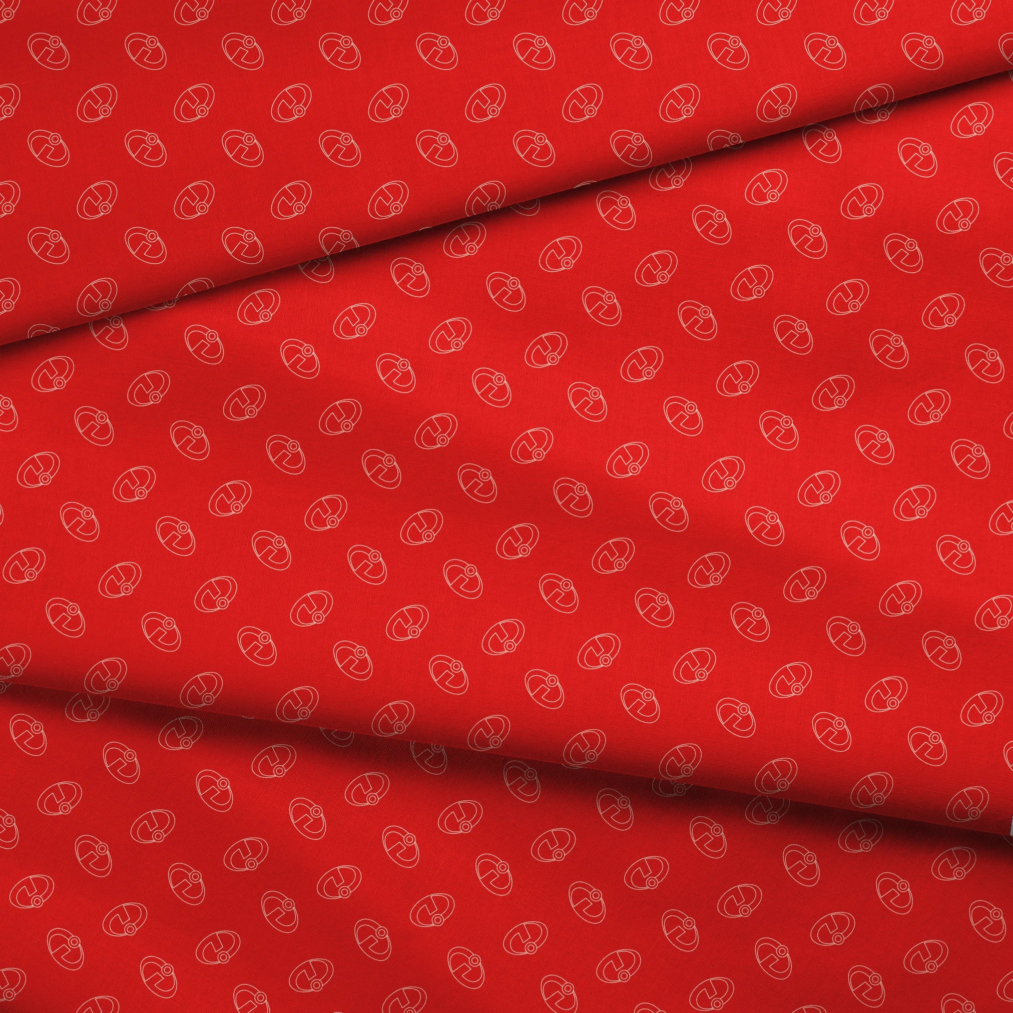 Red background with The Incredibles logos in a repeating pattern fabric fold mockup