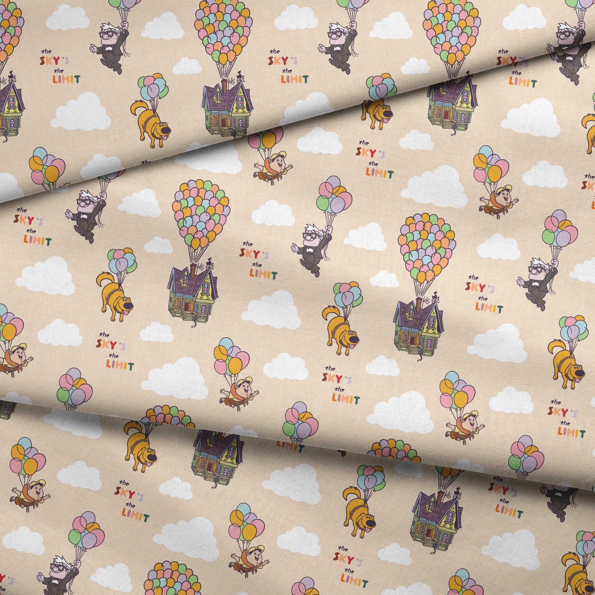 Pixar Up's characters floating with colorful balloons against beige sky with "sky's the limit" text fabric fold mockup