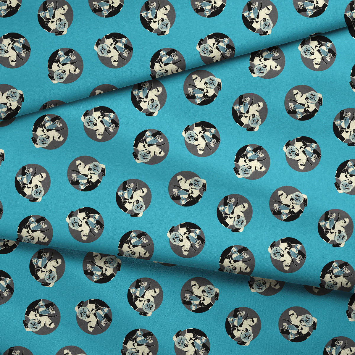 Repeating circular pattern of The Incredibles characters in gray circles on light blue background fabric fold mockup