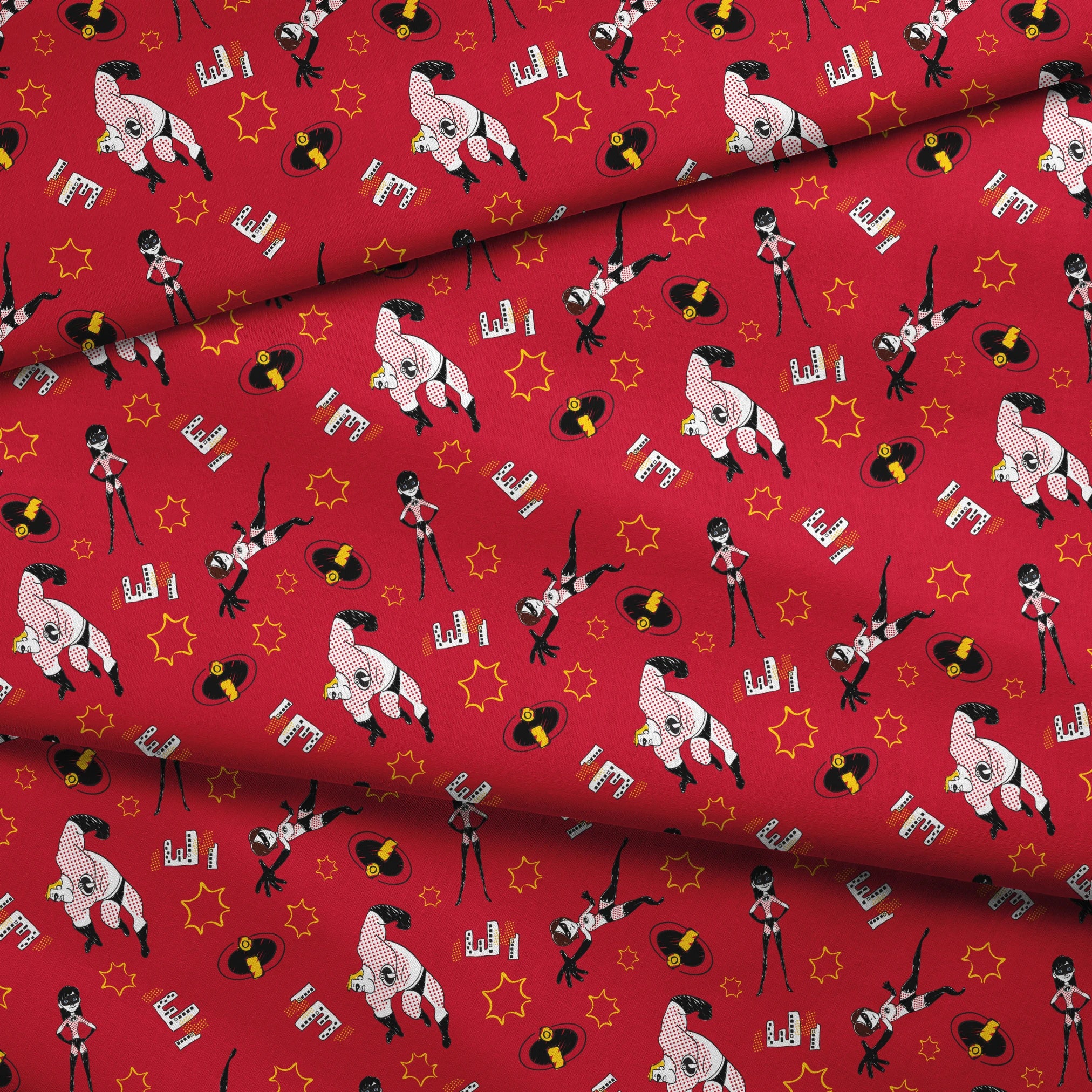 Red background pattern with The Incredibles, yellow stars, and comic book style graphic elements fabric fold mockup