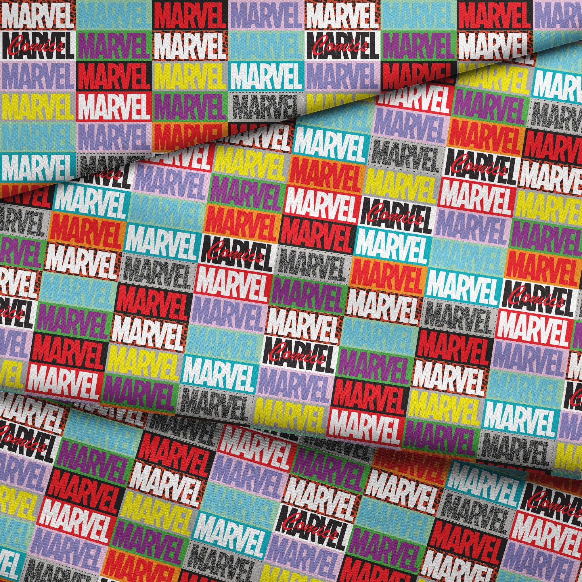 Colorful grid pattern of Marvel logos in various colors including red, blue, yellow, teal, purple, and gray against contrasting backgrounds fabric fold mockup