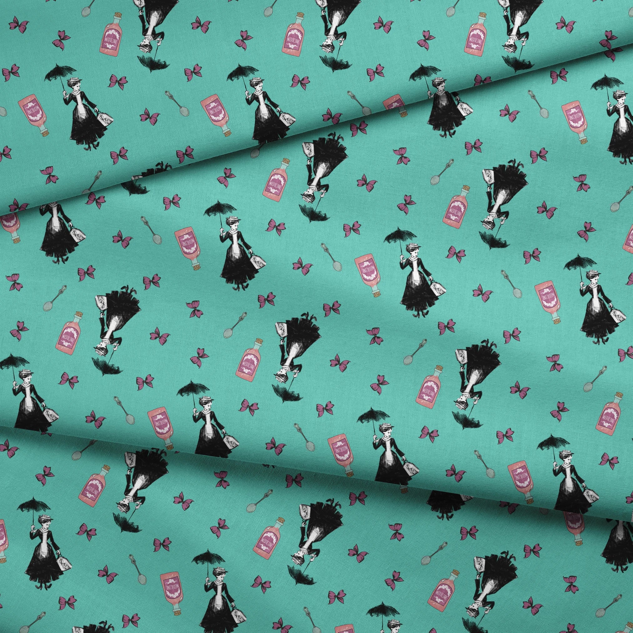 Whimsical illustration pattern with Mary Poppins holding umbrella, pink bottles, and purple butterflies on mint green background. fabric fold mockup