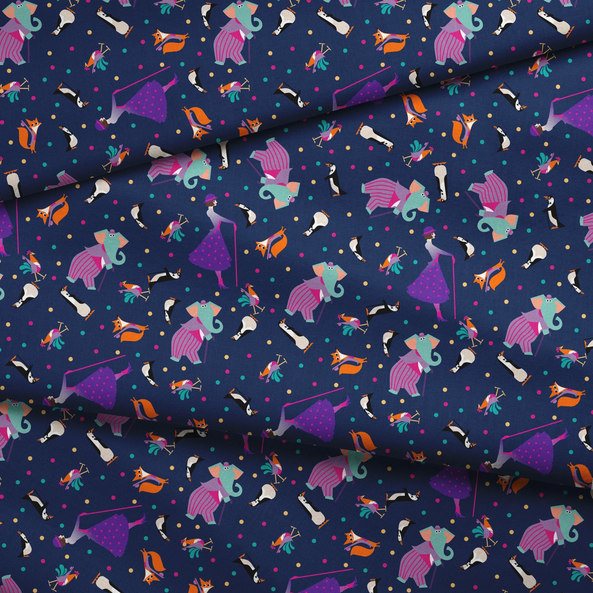 Colorful Mary Poppins pattern of whimsical animals including foxes and birds on a dark blue background with polka dots fabric fold mockup