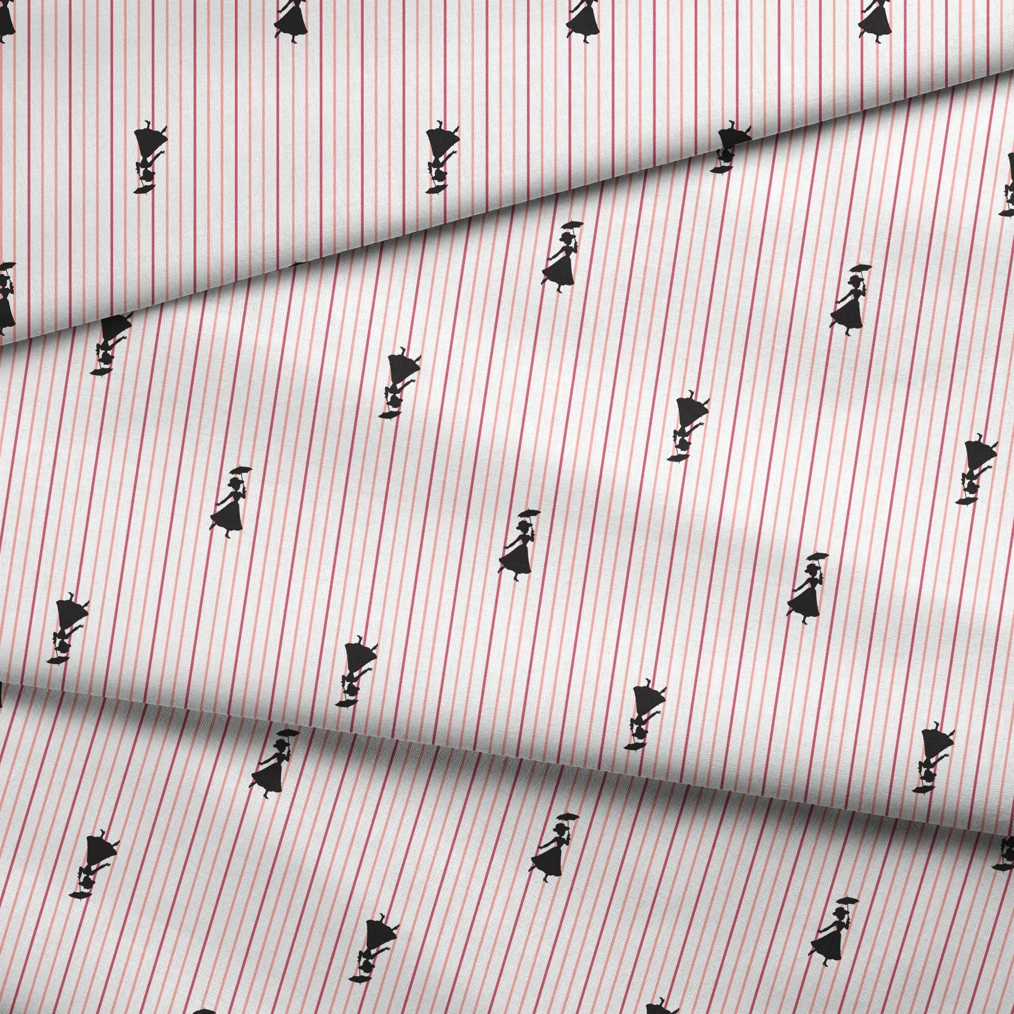 Mary Poppins silhouette figures on white background with thin pink vertical stripes fabric fold mockup