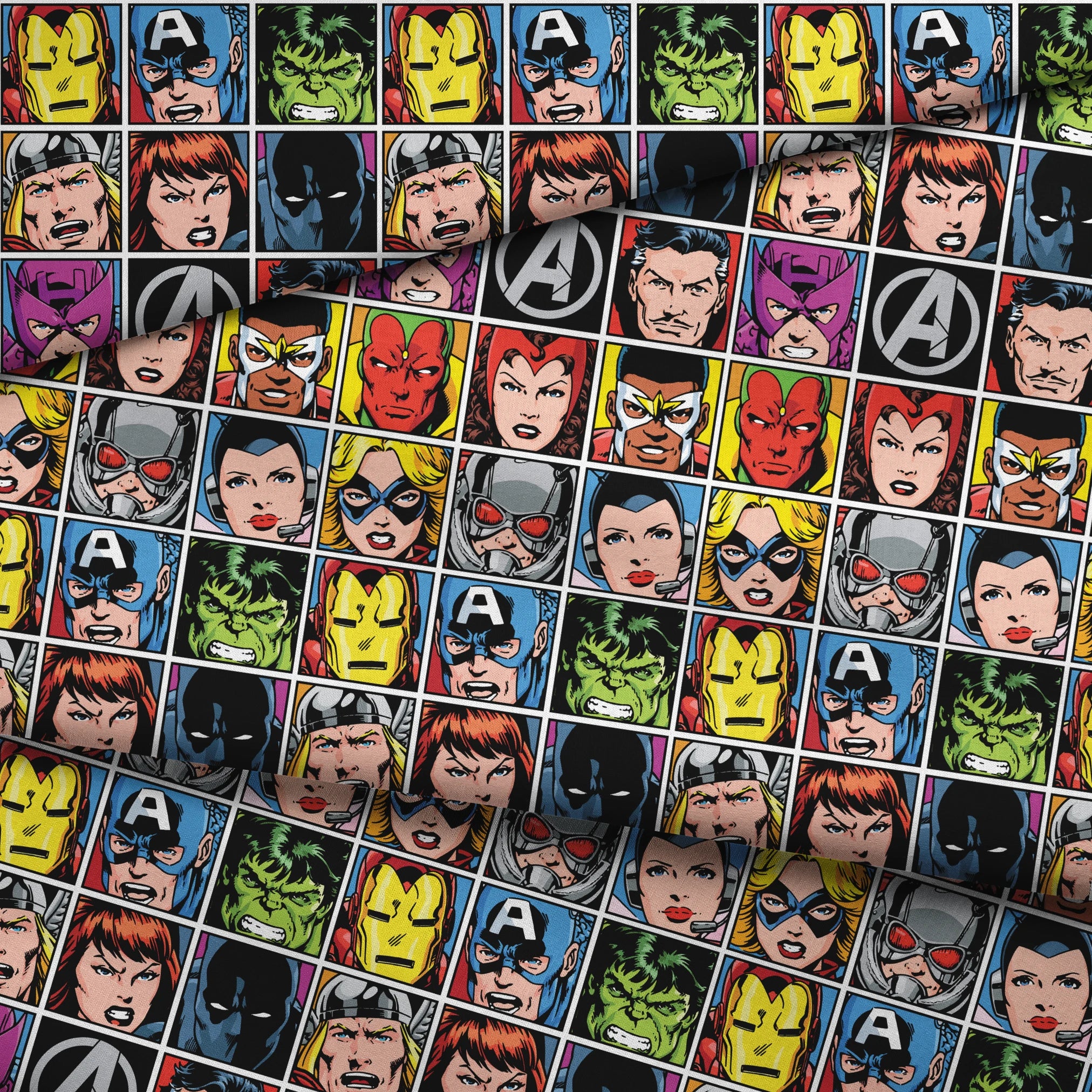 Marvel Avengers character portraits in comic style grid with colorful backgrounds showing superheroes and their iconic looks. fabric fold mockup