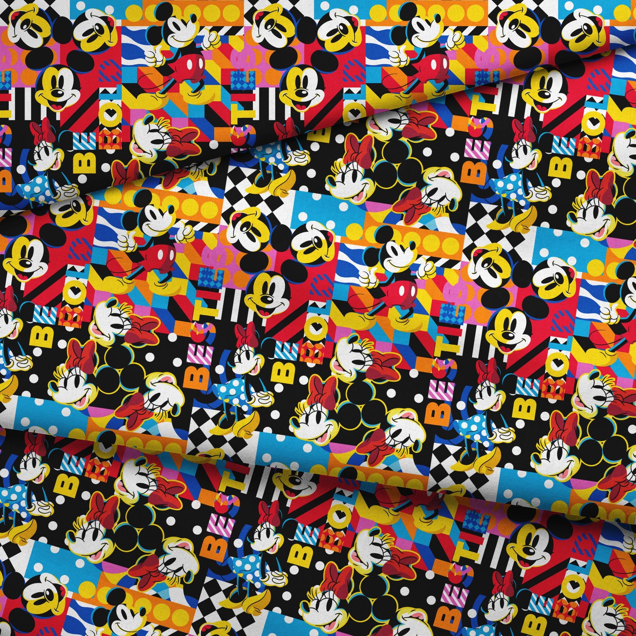 Vibrant pop art collage of Mickey Mouse in various poses against colorful geometric patterns and backgrounds fabric fold mockup