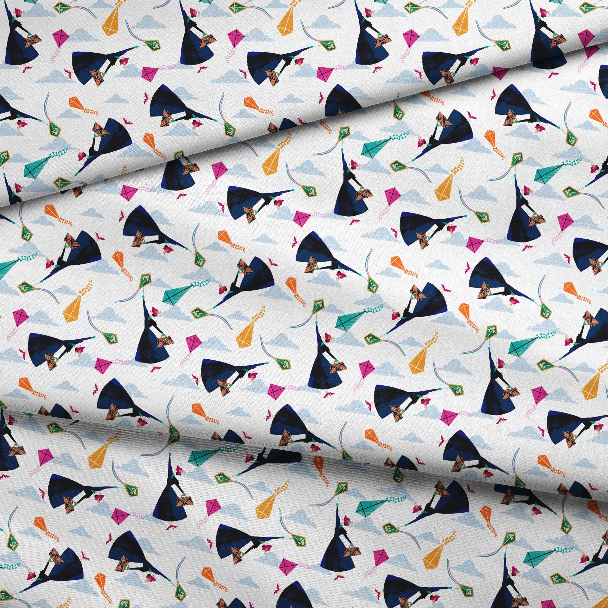Colorful kites in orange, pink, and green along with Mary Poppins flying in a cloudy blue sky fabric fold mockup