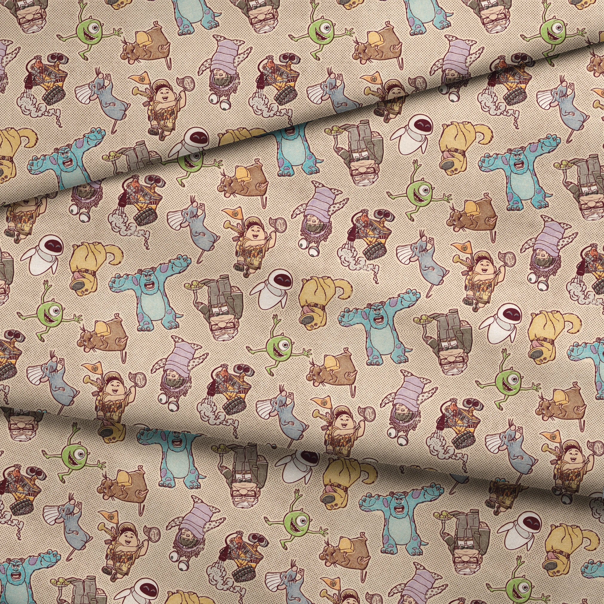 Cute cartoon pattern of Pixar characters including Wall-E, Sulley, and other characters on beige background fabric fold mockup