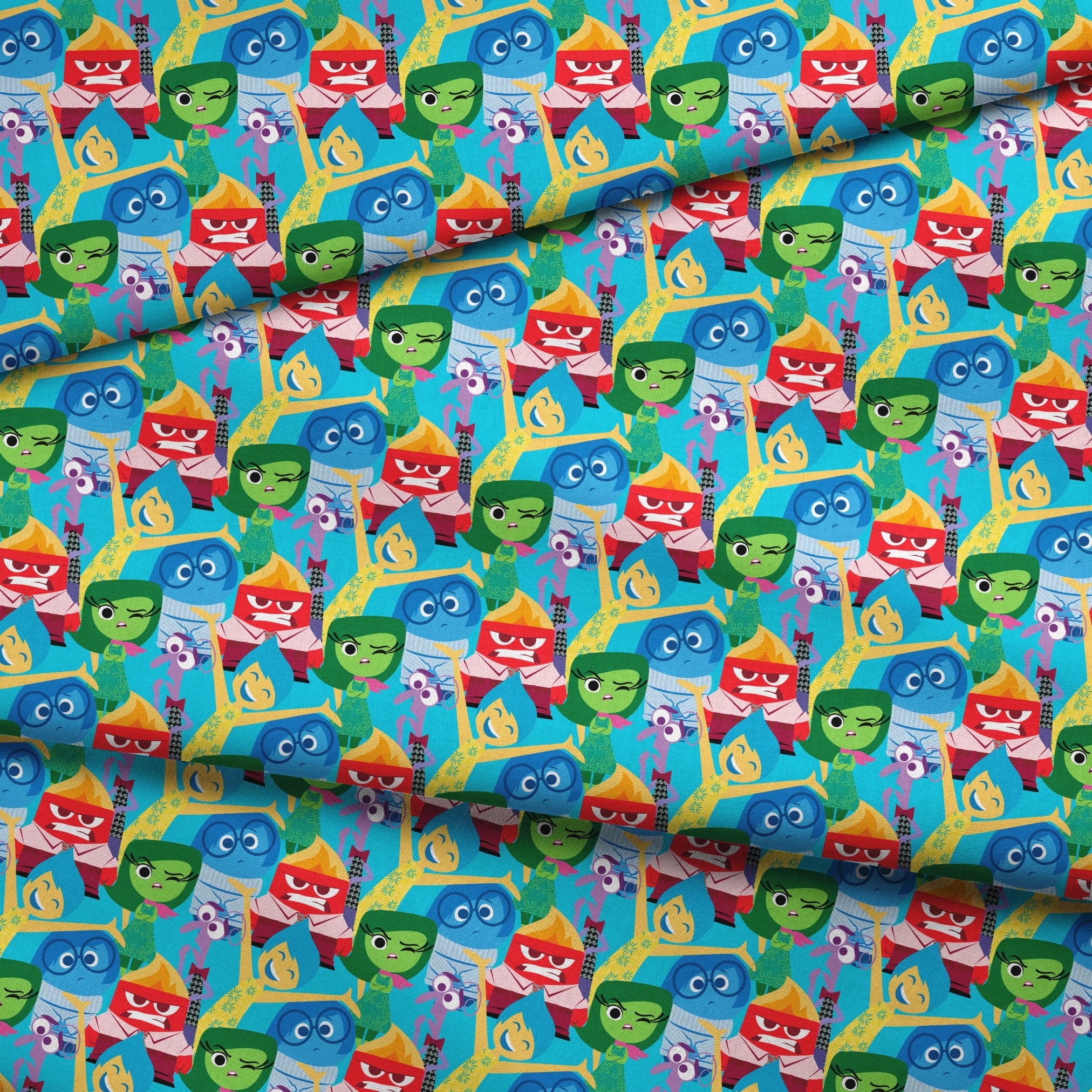 Colorful animated characters from Pixar's Inside Out - Joy, Sadness, Anger, Disgust and Fear in repeating pattern fabric fold mockup