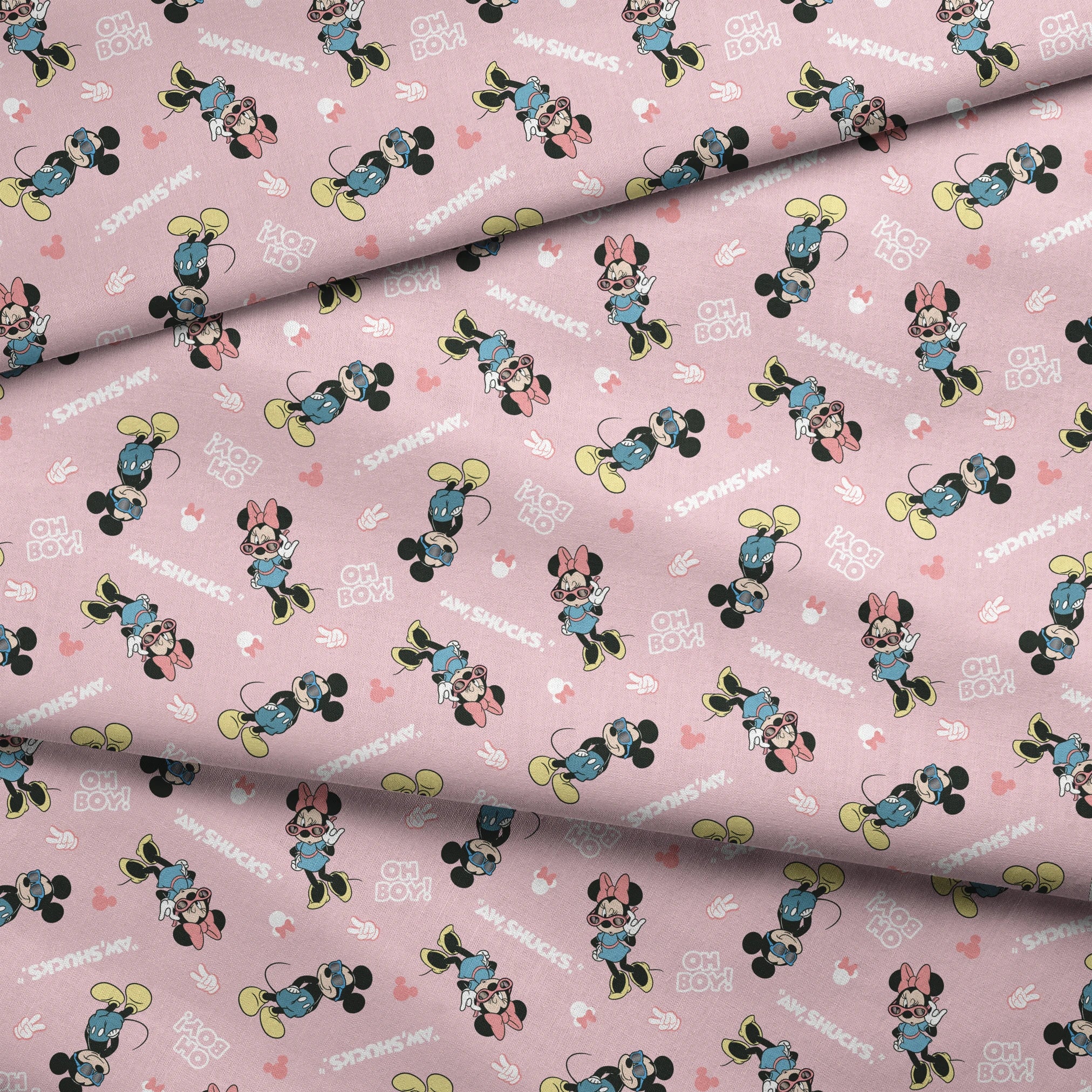 Disney cartoon characters on pink background with expressions "Oh Boy" and "Aw Shucks" in repeating pattern fabric fold mockup