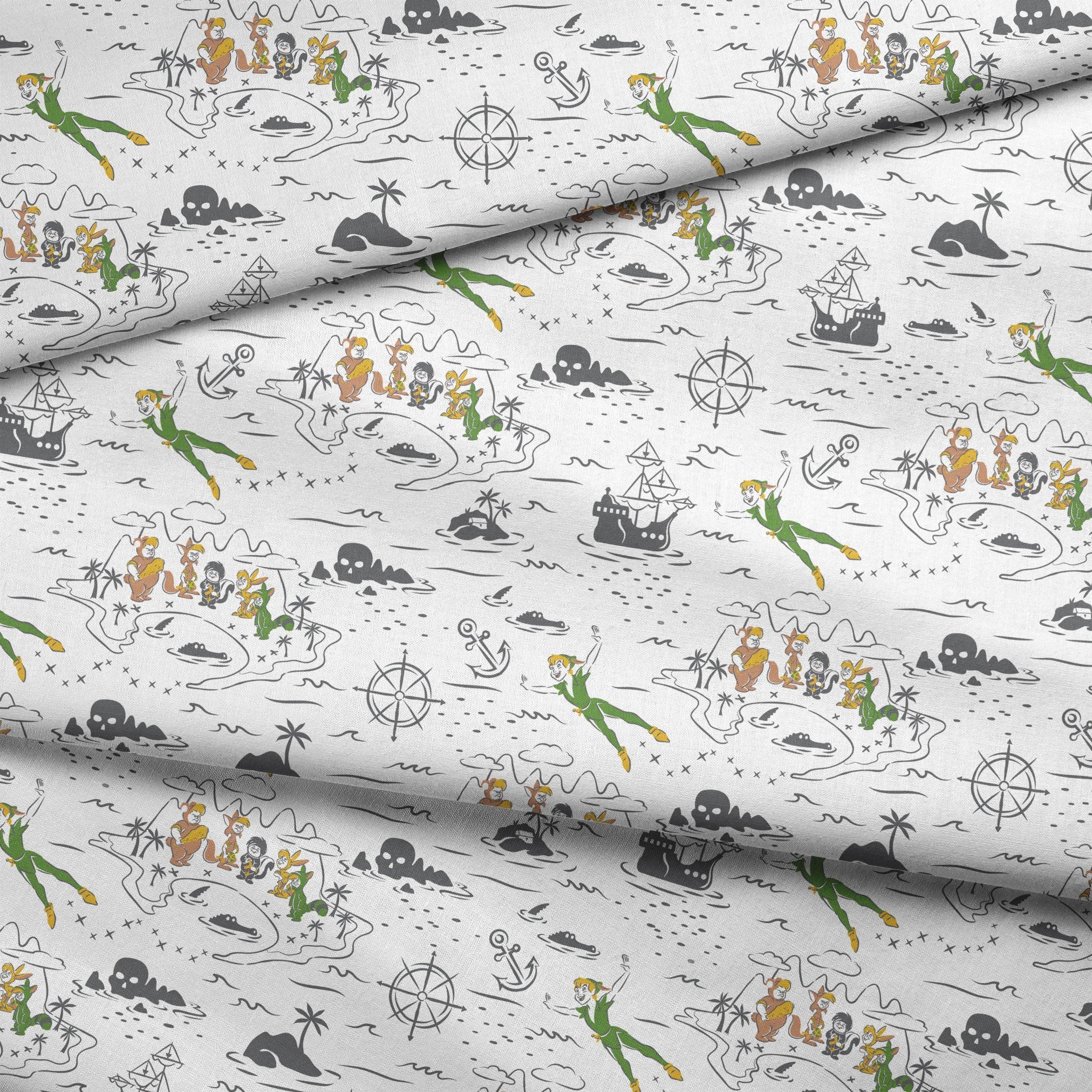 Peter Pan-inspired pattern with islands, ships, mermaids, compass roses, and pirate symbols in green, orange, and gray on white background fabric fold mockup