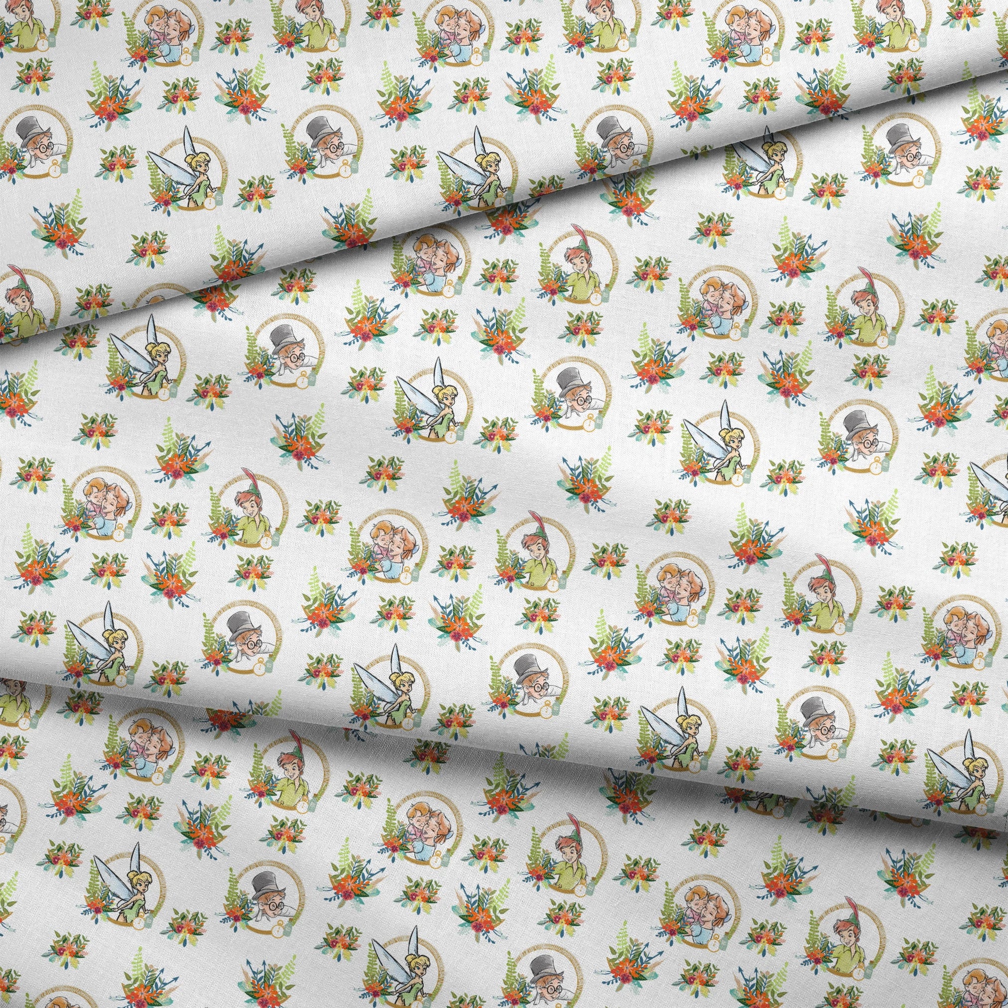 Illustrated pattern featuring cartoon characters in gold circles with colorful floral arrangements fabric fold mockup