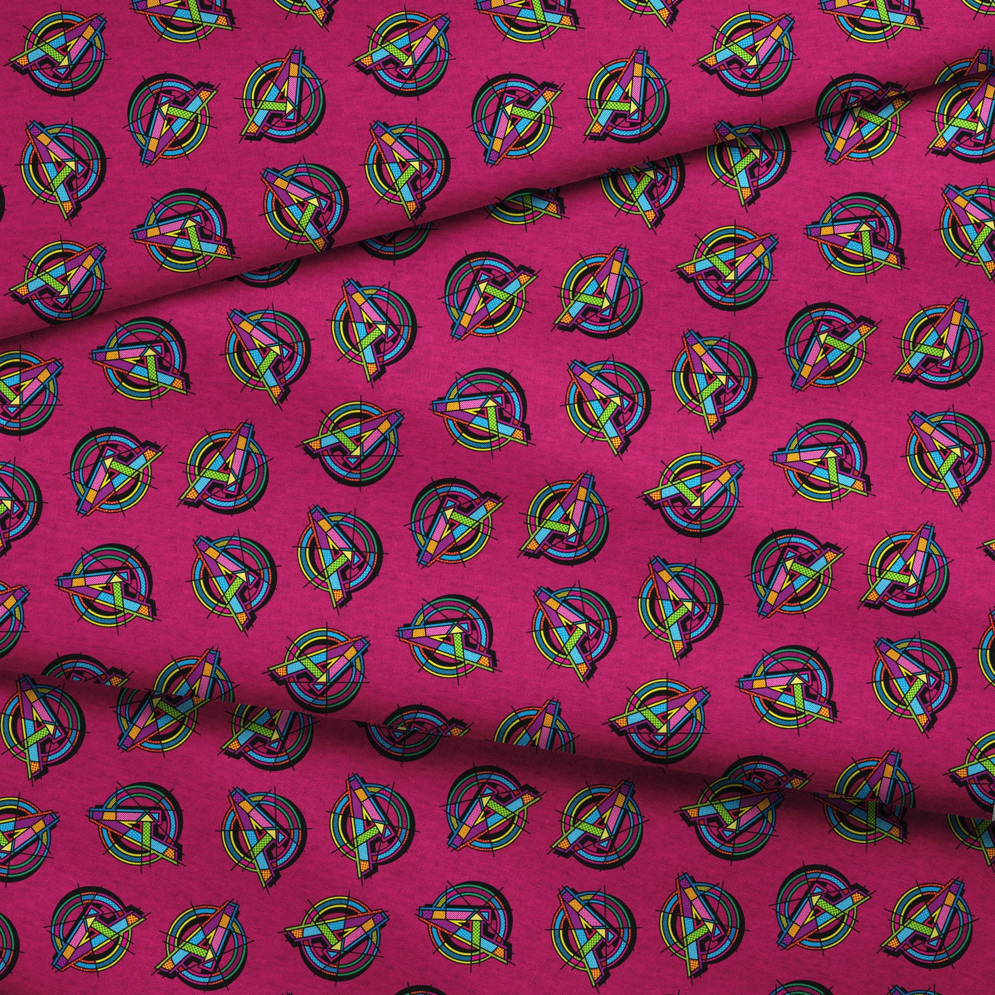 Vibrant Avengers pattern in neon colors on magenta background fabric fold mockup