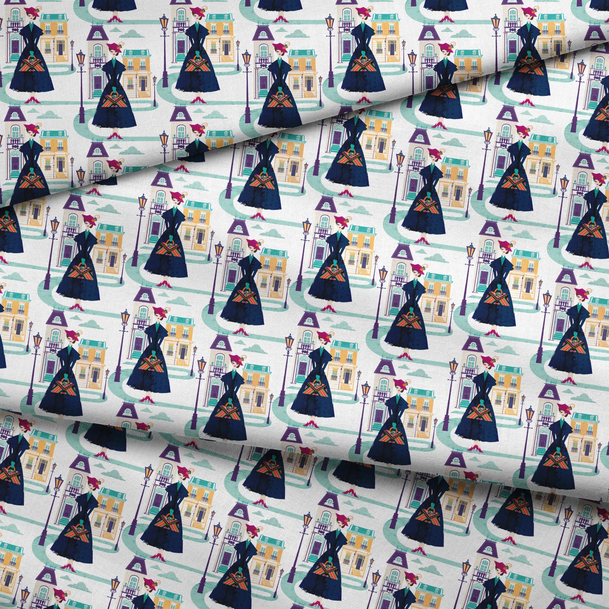 Illustrated pattern of Mary Poppins, standing among pastel townhouses and streetlamps. fabric fold mockup