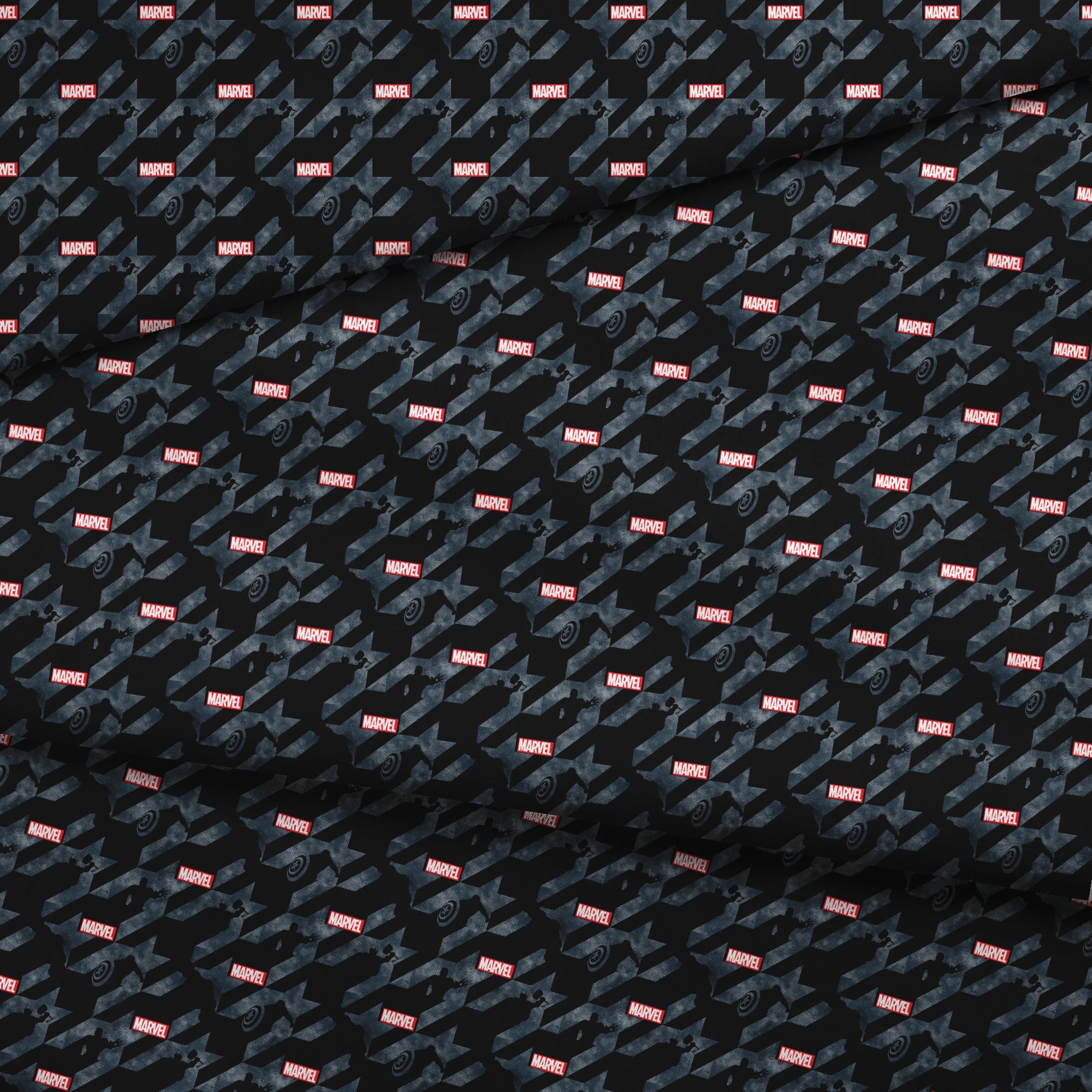Marvel logo with silhouettes of superheroes against dark gray diagonal stripes background fabric fold mockup