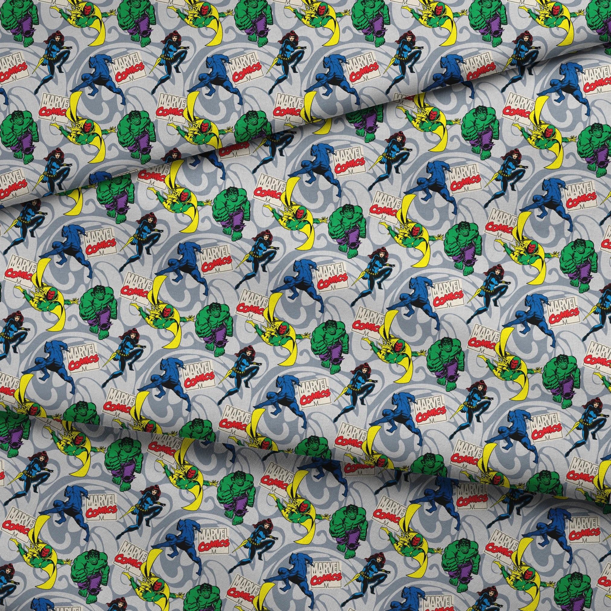 Marvel Comics characters including Hulk, Vision, and other superheroes on a gray background with Marvel Comics logos fabric fold mockup