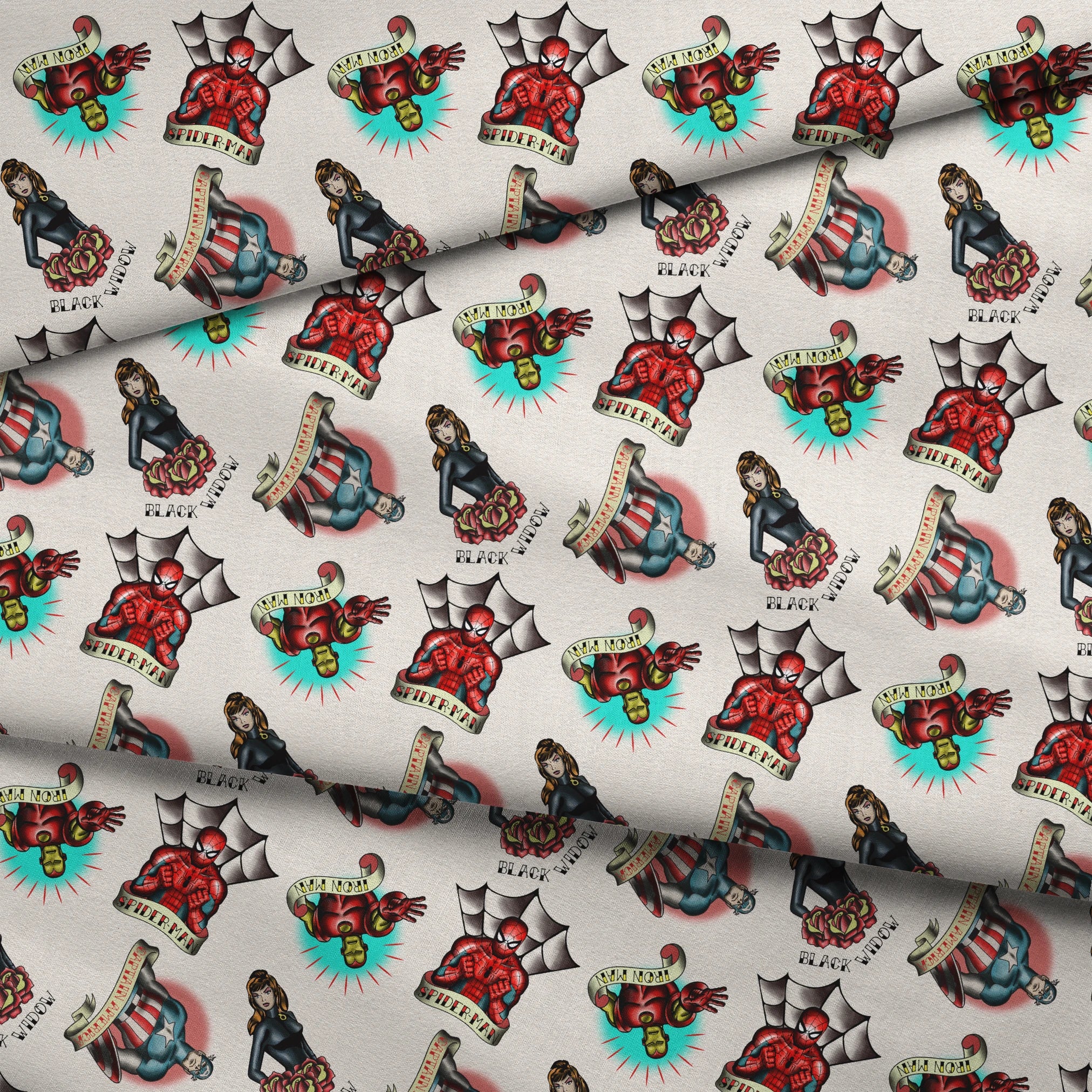 Traditional tattoo flash art designs featuring black panthers, hearts with daggers, spider webs, and colorful elements on cream background fabric fold mockup