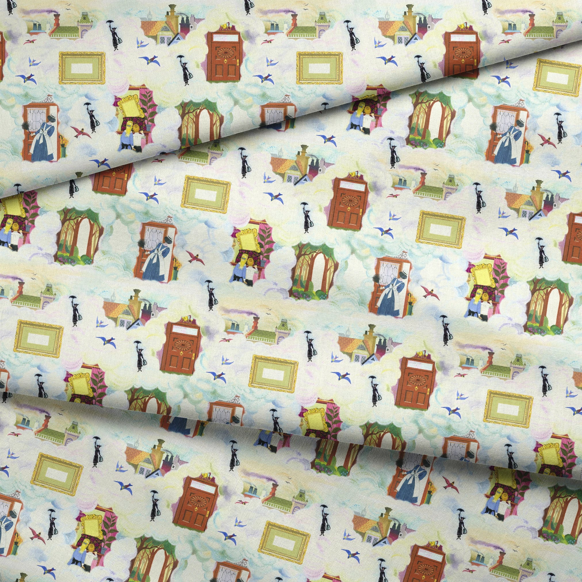 Whimsical pattern with colorful illustrated doorways, frames, and Mary Poppins with umbrellas on a pale blue background fabric fold mockup