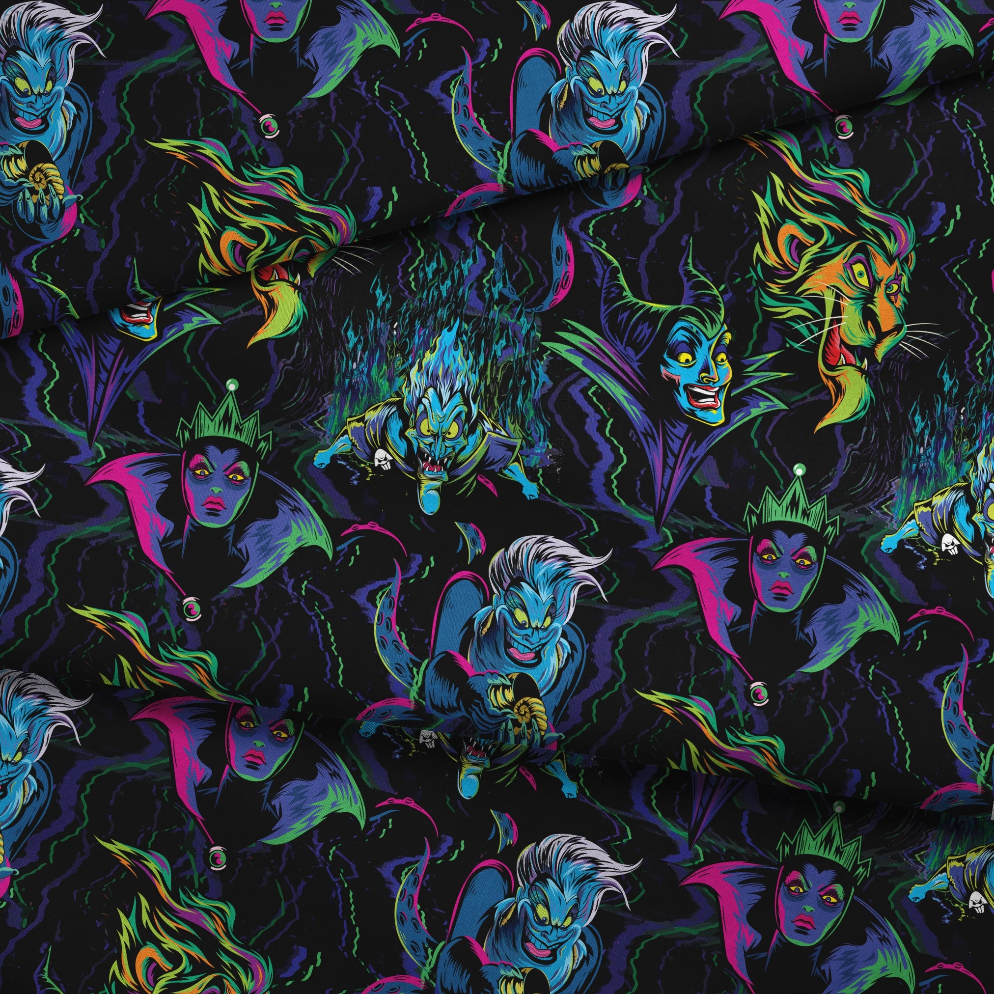 Colorful Disney villains in neon colors against black background fabric fold mockup