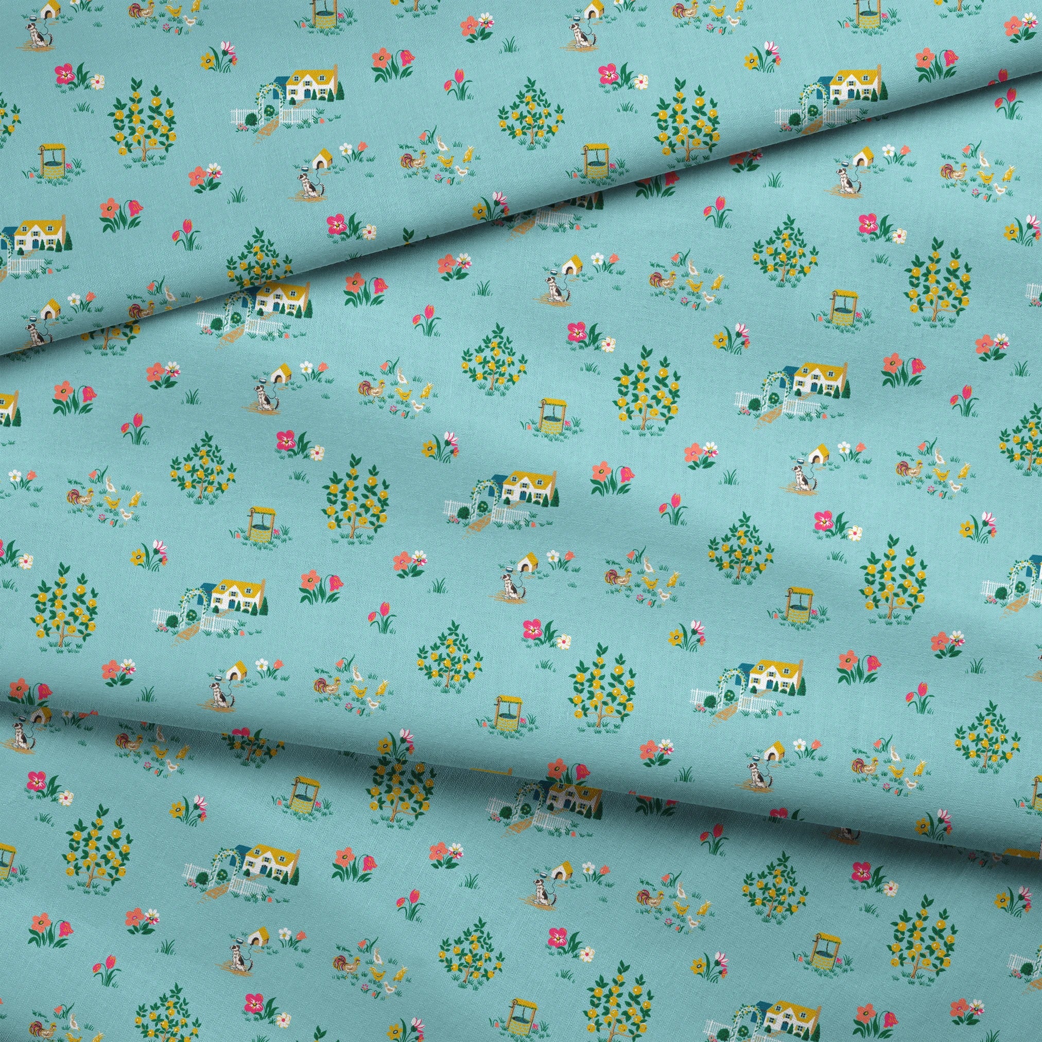 Whimsical light blue pattern with tiny cottages, tulips, and flower gardens in pastel colors fabric fold mockup
