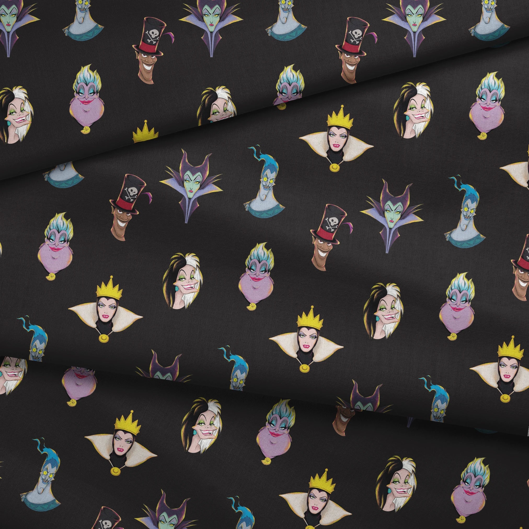 Illustrated Disney villain heads on black background including sea witch, evil queen, and others fabric fold mockup