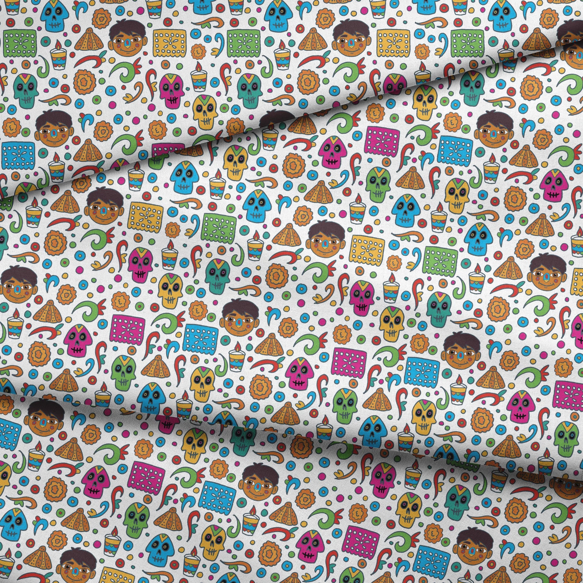 Colorful Coco pattern with sugar skulls, pyramids, swirls, flowers, and cartoon characters on white background fabric fold mockup